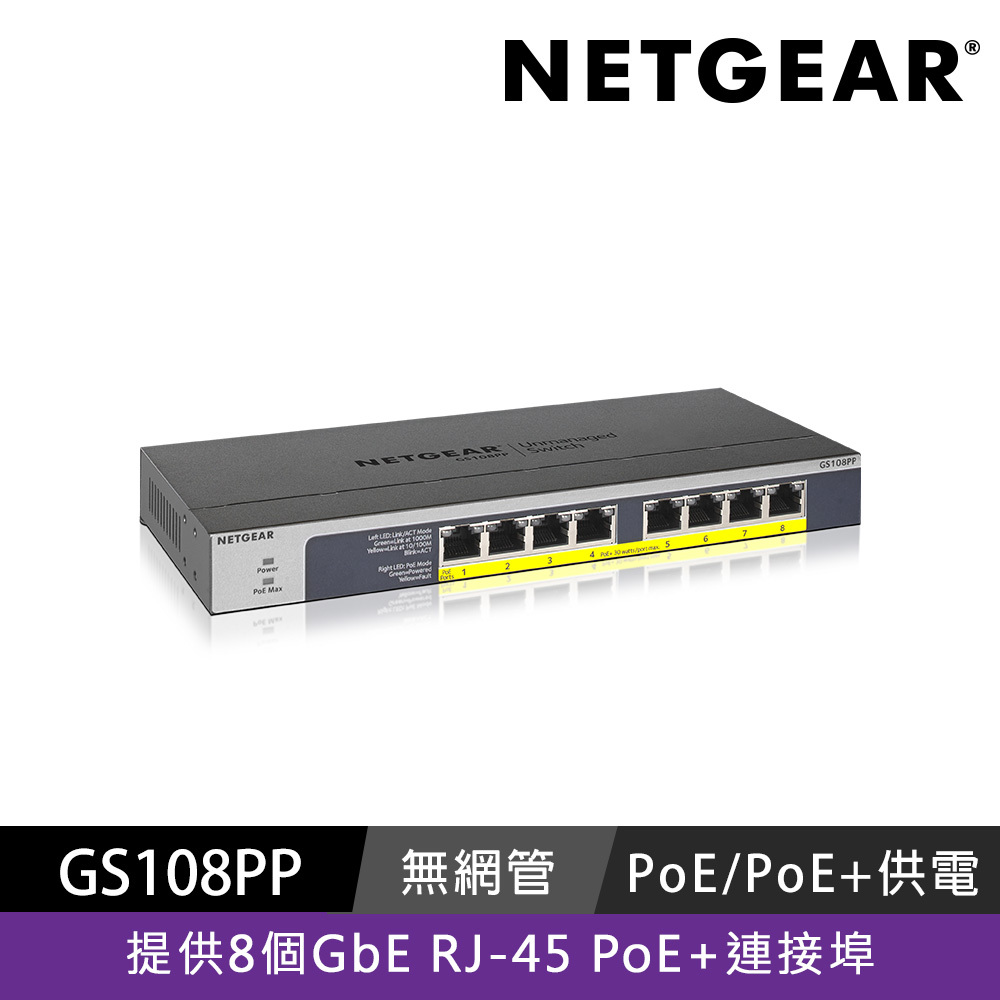 NETGEAR GS108PP 8埠 Gigabit PoE+  總PoE瓦數 123W