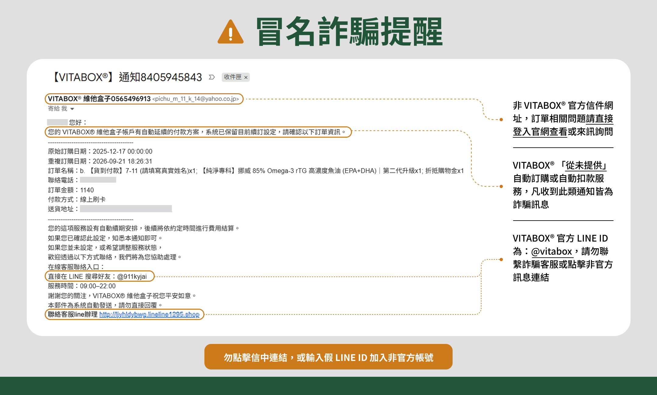 冒名詐騙信件示意圖：寄件地址為個人信箱、要求聯繫非官方 LINE 帳號