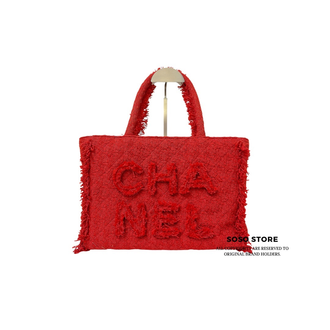 Chanel Tweed Giant Logo Shopping Tote Bag - Red / GHW