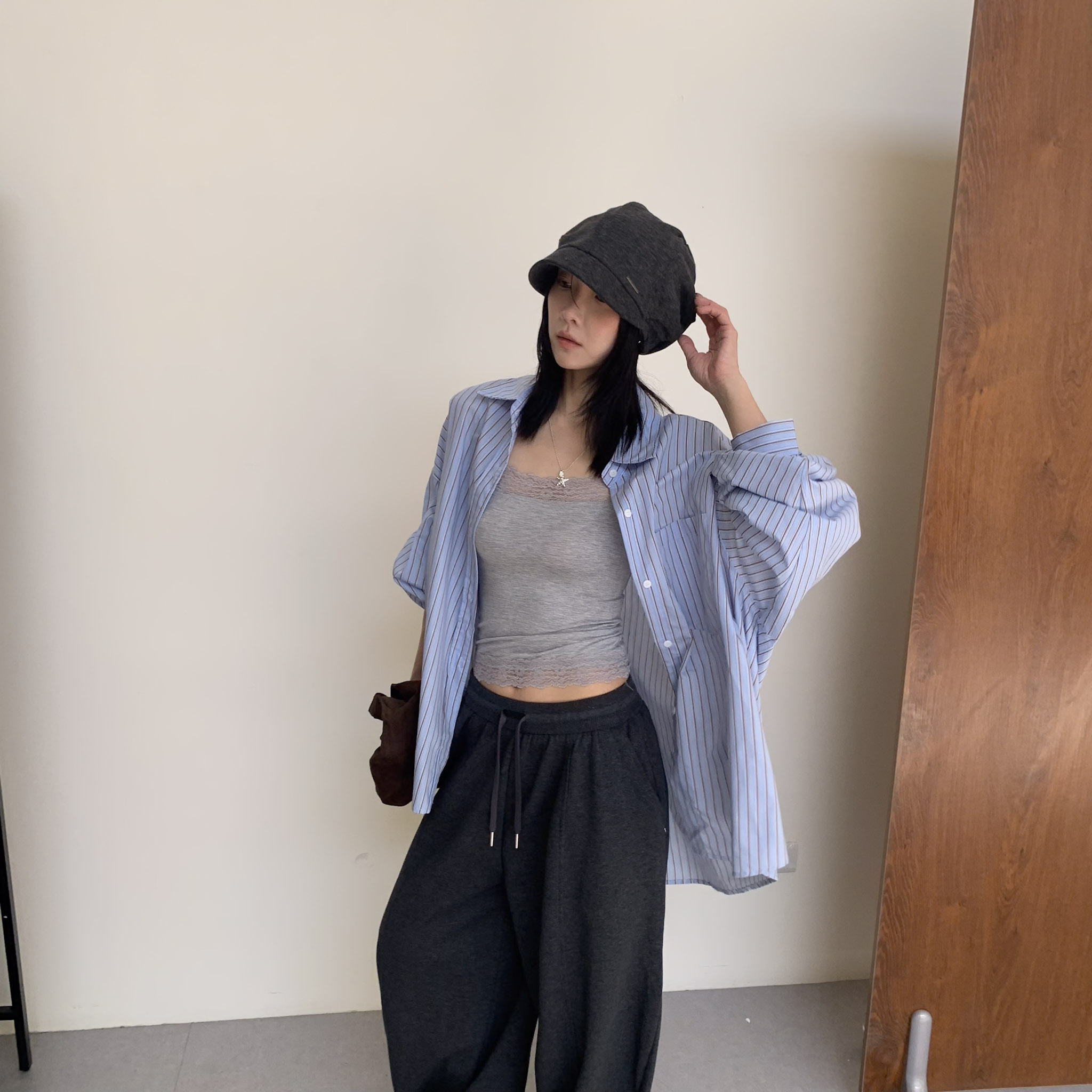 ISA_瑪格與西西里 復古藍咖單口袋寬鬆襯_69026