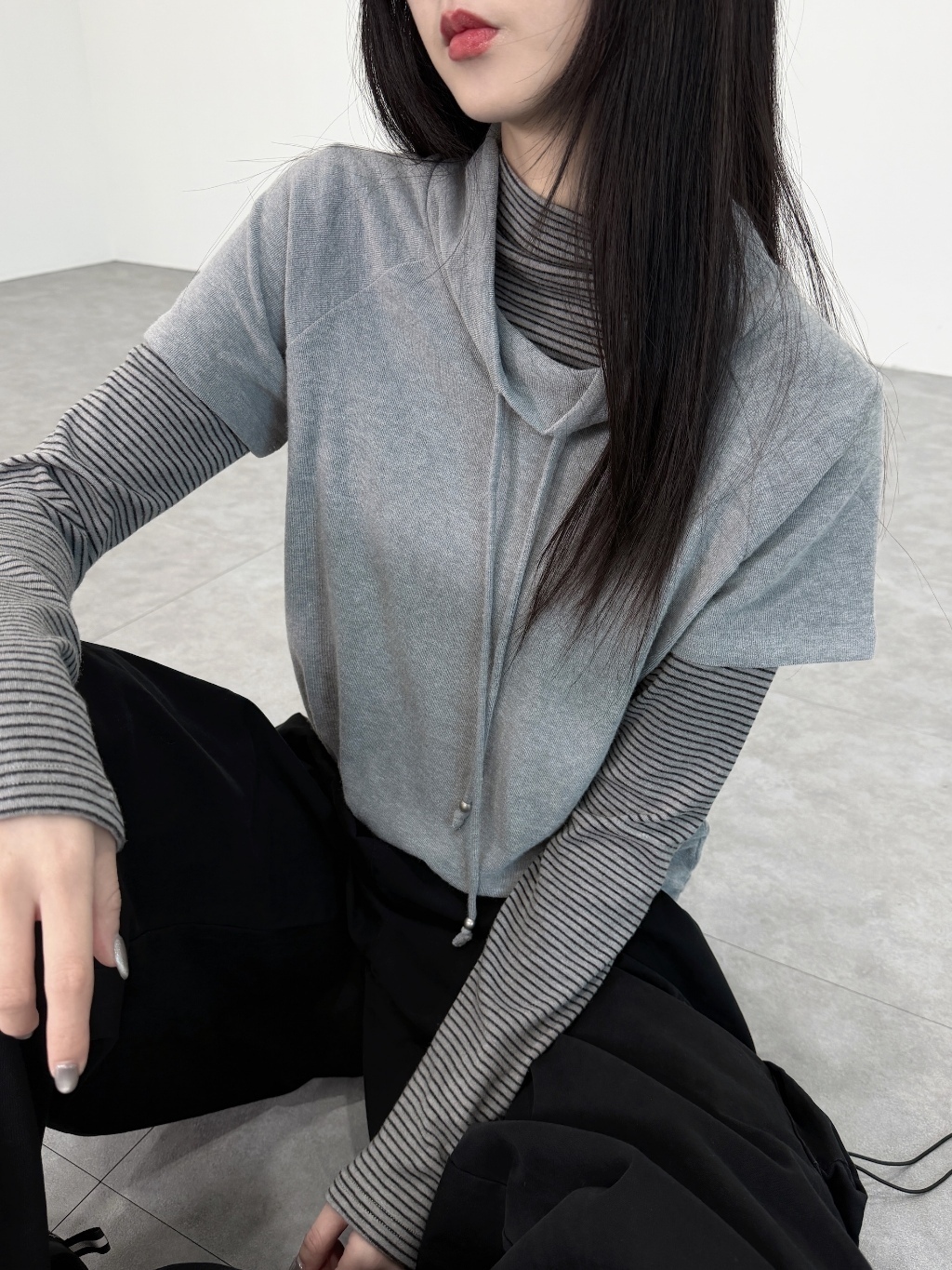 A0435-A14 小男孩風真兩件條紋立領上衣
