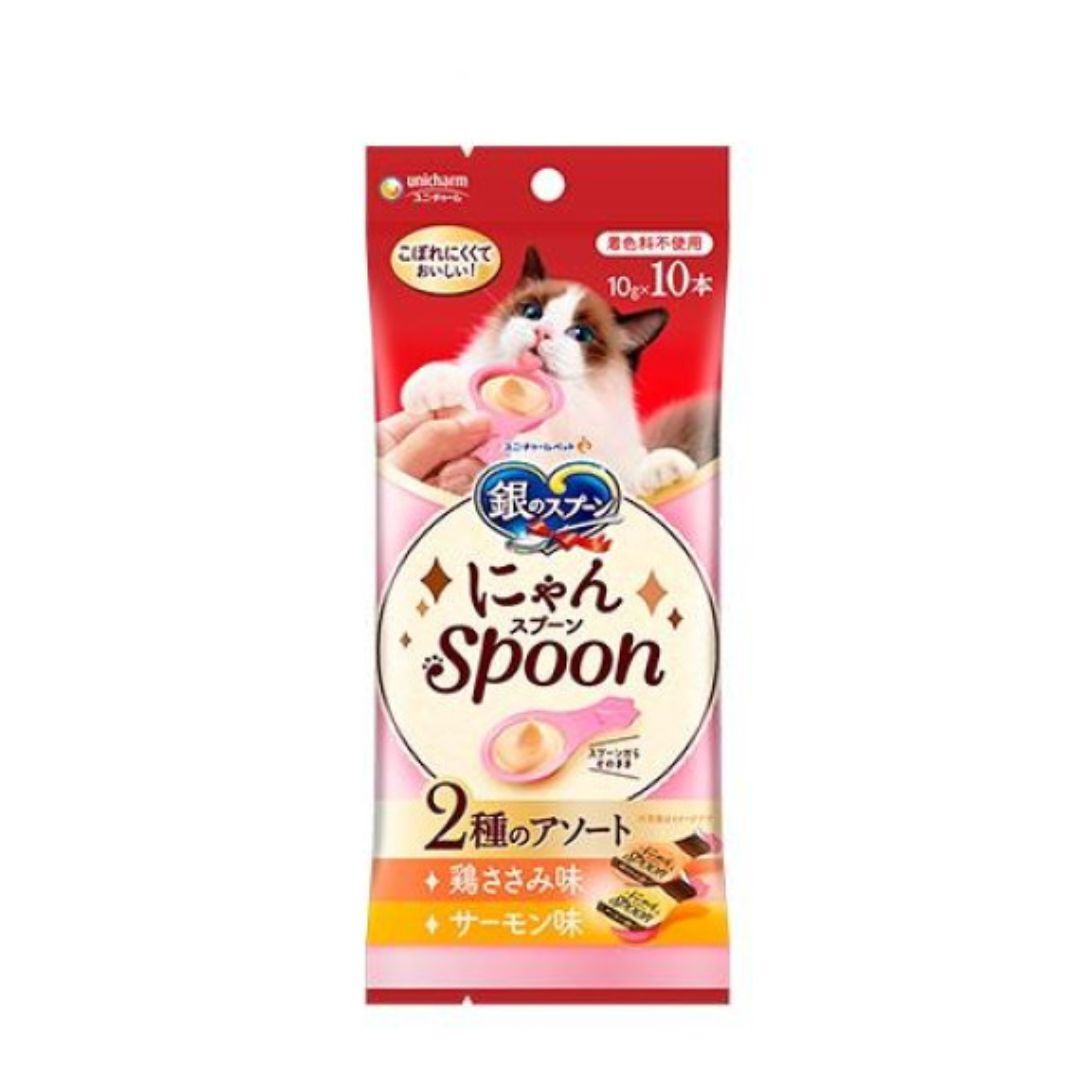 Unicharm - 銀湯匙 Spoon 2味肉醬匙 (雞肉&三文魚慕絲) 10g x 10包｜XB-CR 715 [貓用]