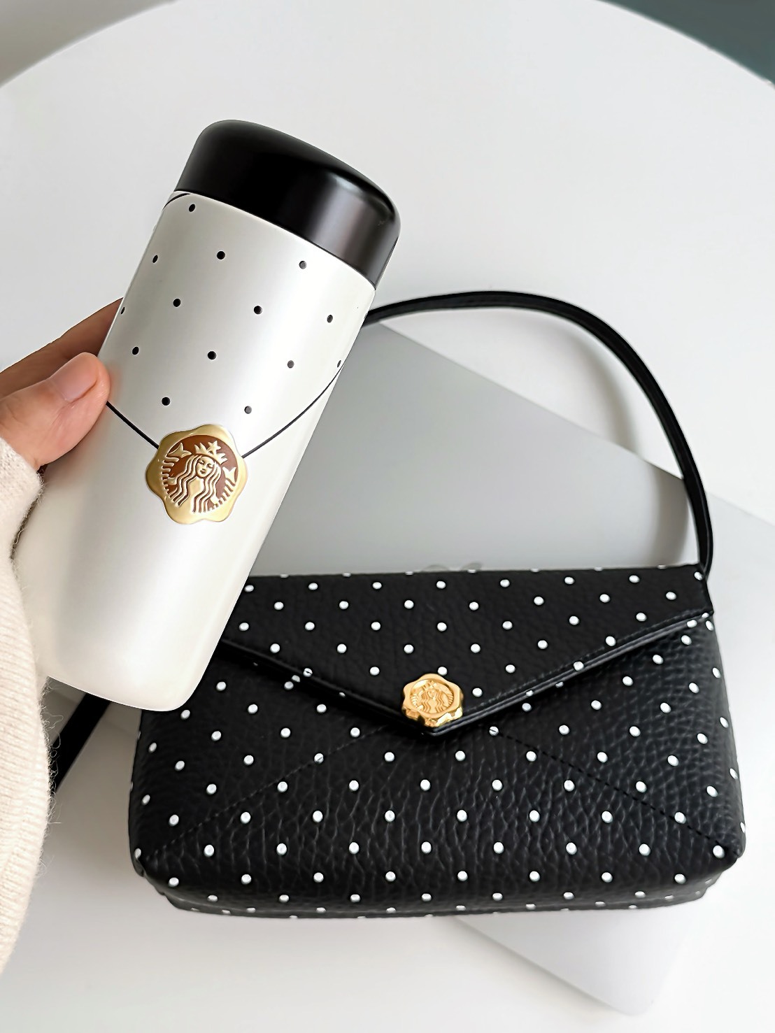 STARBUCKS 星巴克 法式復古 火漆印章款 波點保溫杯 220ML 附黑色小信封包