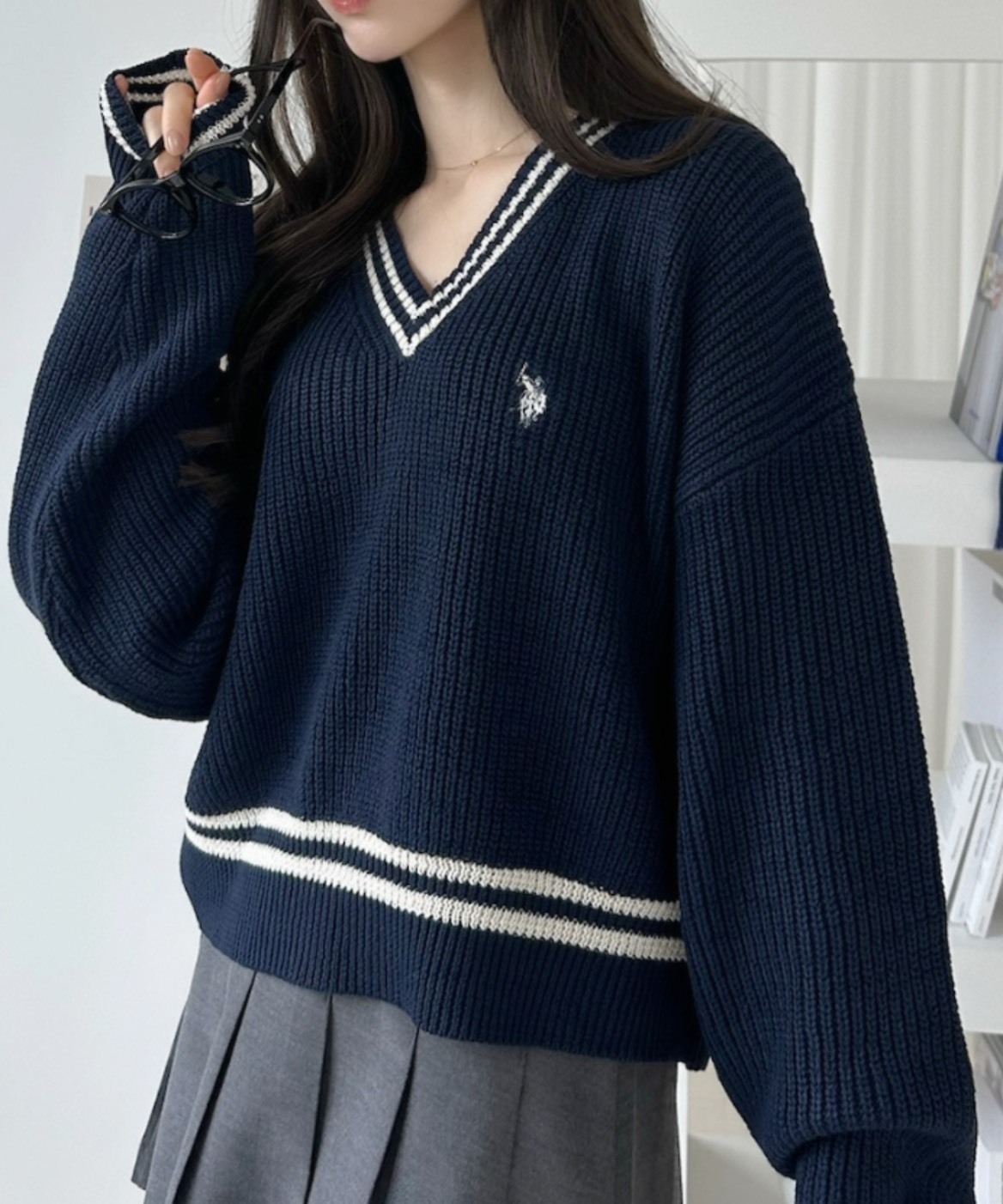 日本 U.S. POLO ASSN. x Ada V領 線條 滾邊 長袖 針織衫 三色