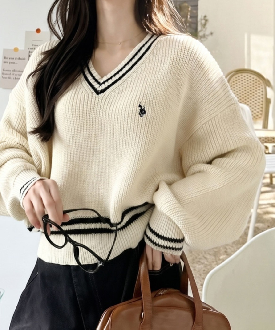 日本 U.S. POLO ASSN. x Ada V領 線條 滾邊 長袖 針織衫 三色