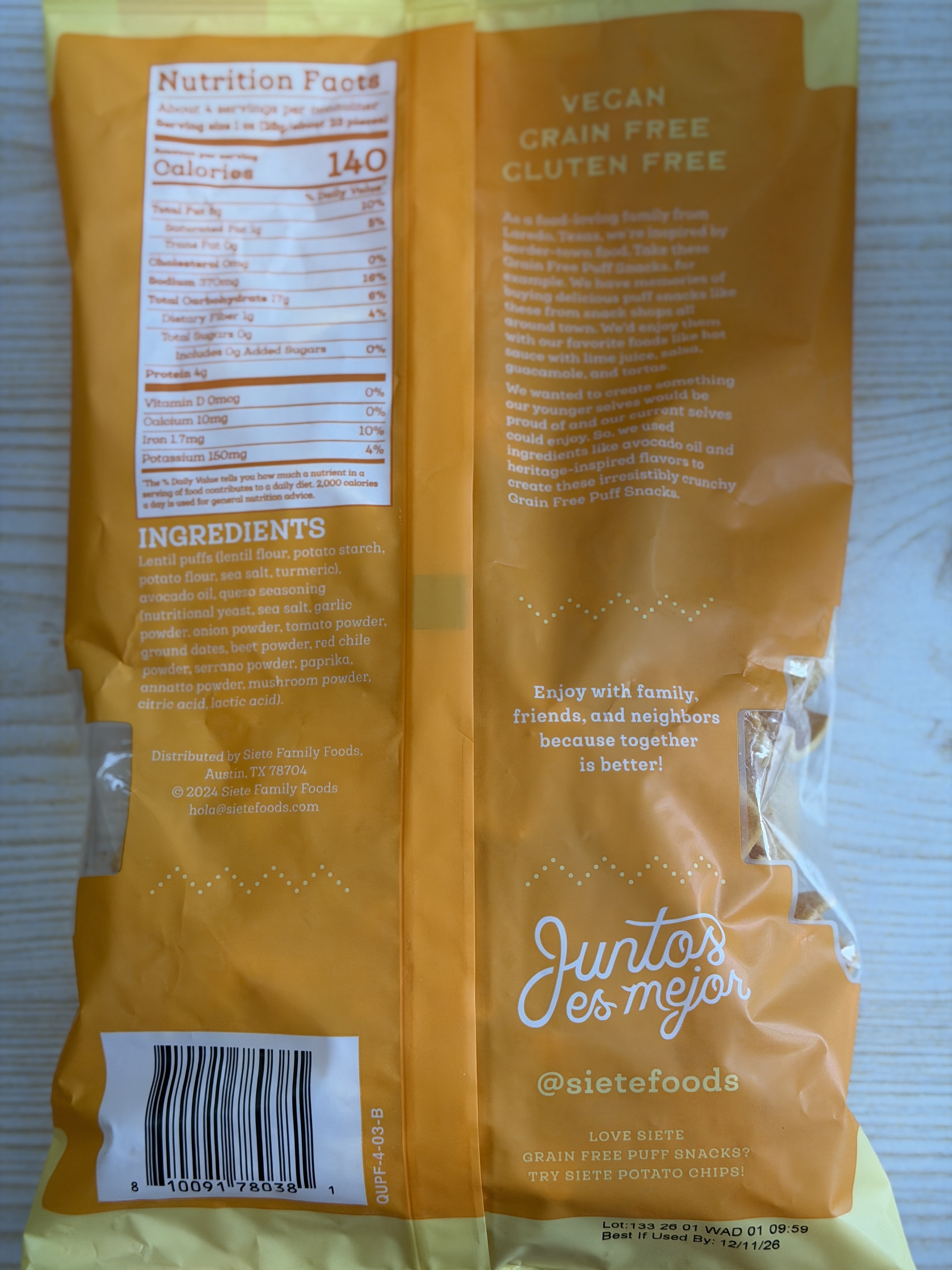 SIETE dairy free queso puff snacks 4oz (best before 2026/12/11)
