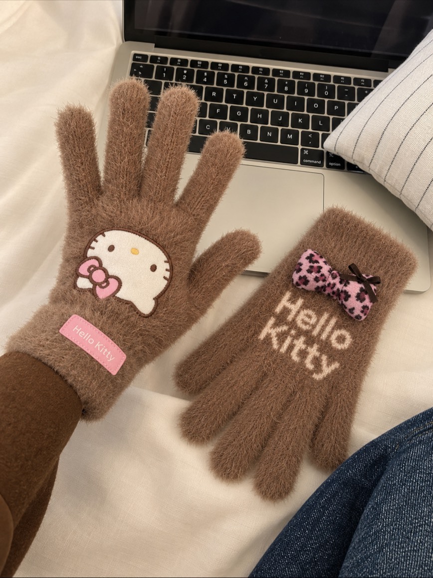 正版授權 SANRIO 三麗鷗 HELLO KITTY 毛絨 邊針織 手套 三色