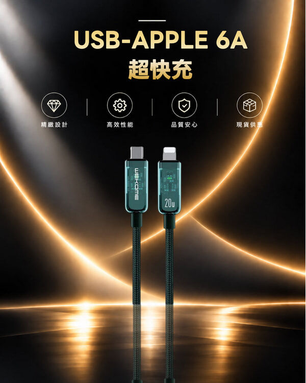 WK 透明款 WDC-180i-充電線材 USB-APPLE 6A超快充/輸據線