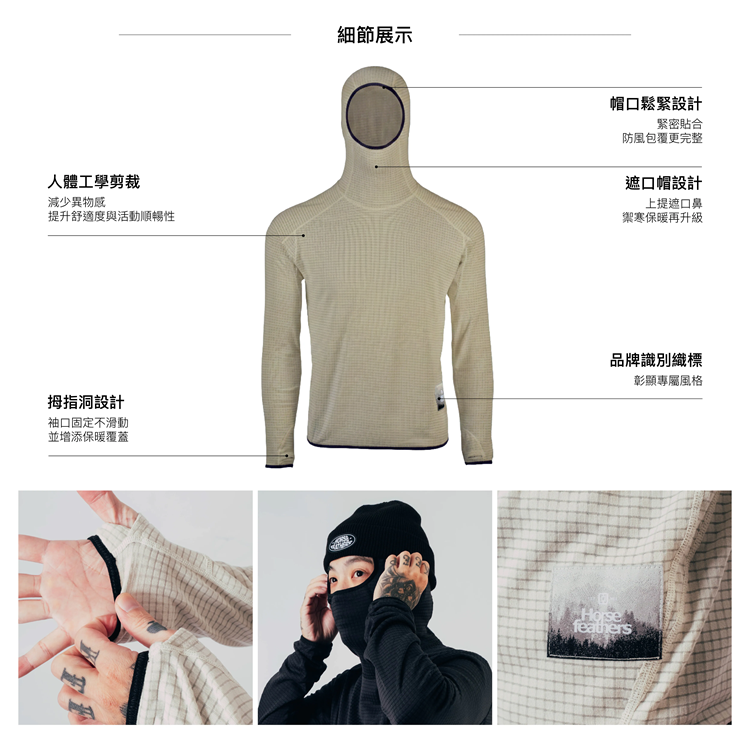【HORSEFEATHERS】Aspen Hoodie石墨烯中性刷毛內層衣細節展示圖,線稿標示帽口鬆緊設計(緊密貼合防風包覆更完整)、遮口帽設計(上提遮口鼻禦寒保暖再升級)、人體工學剪裁(減少異物感提升舒適度)、拇指洞設計(袖口固定不滑動並增添保暖覆蓋)與品牌識別織標五大細節,下方並列拇指洞手部特寫、模特戴帽覆蓋口鼻情境照與Horsefeathers品牌織標近拍三張細節照