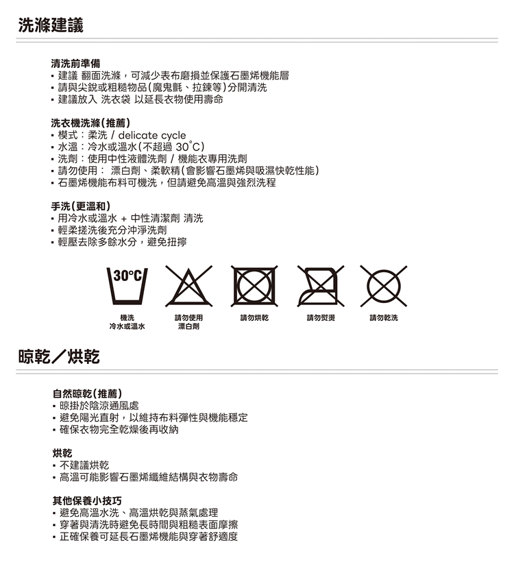 【HORSEFEATHERS】Aspen Hoodie石墨烯內層衣洗滌保養說明圖,列出清洗前準備(建議翻面洗滌保護石墨烯機能層、避免與尖銳粗糙物品同洗)、洗衣機柔洗模式(冷水或溫水不超過30°C、使用中性洗劑、請勿漂白柔軟精)、手洗步驟,並附上機洗冷水、請勿漂白、請勿烘乾、請勿熨燙、請勿乾洗五個洗滌標示圖示,以及晾乾/烘乾建議(建議陰涼通風處自然晾乾、不建議烘乾以免影響石墨烯纖維結構)與延長機能壽命的保養技巧