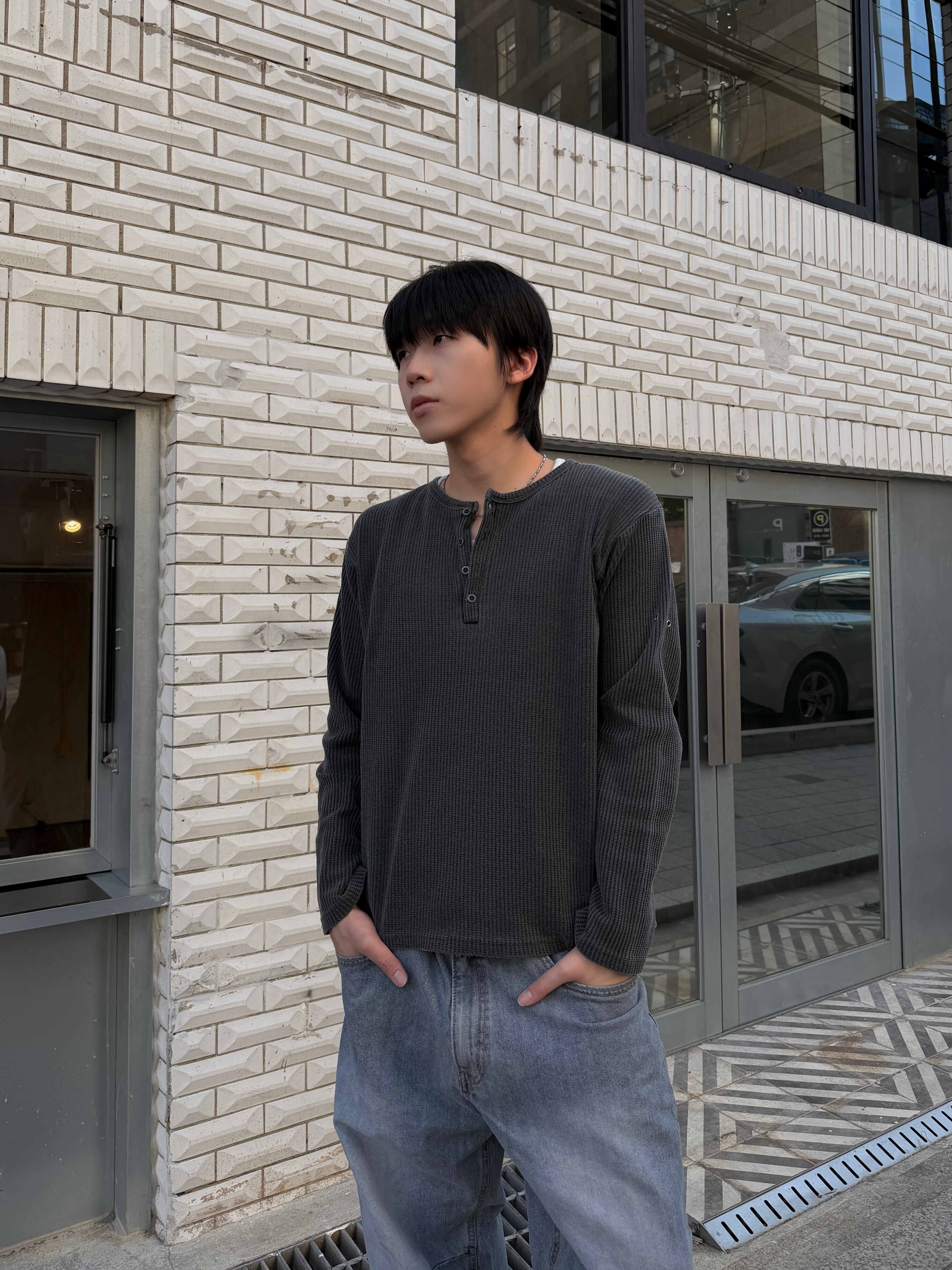 亨利領 華夫格 寬鬆長袖上衣