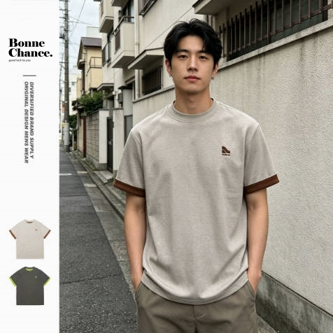 9M07 日系簡約反摺刺繡短棉TEE 兩色