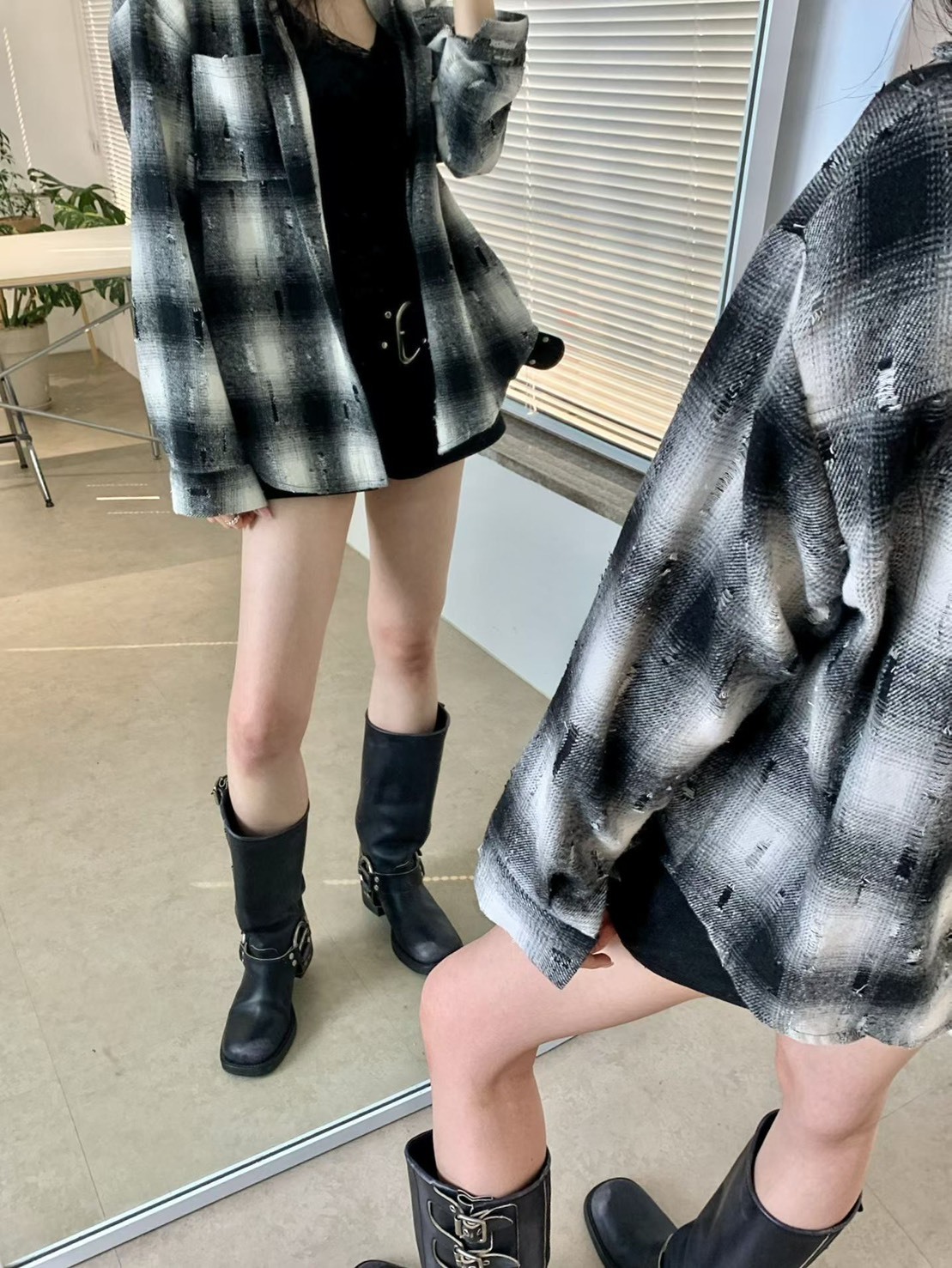 破損格子休閒襯衫