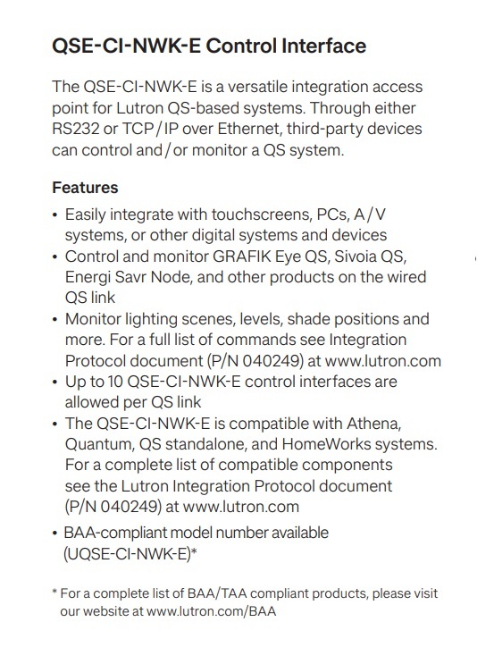 LUTRON QSE-CI-NWK-E RS232 / 乙太網路介面（用於視聽系統整合）