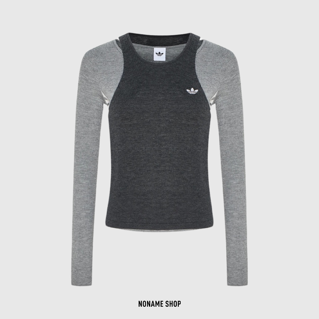 ADIDAS ORIGINALS 側邊 三線 針織 修身 兩件式 長袖 灰色 (女款)