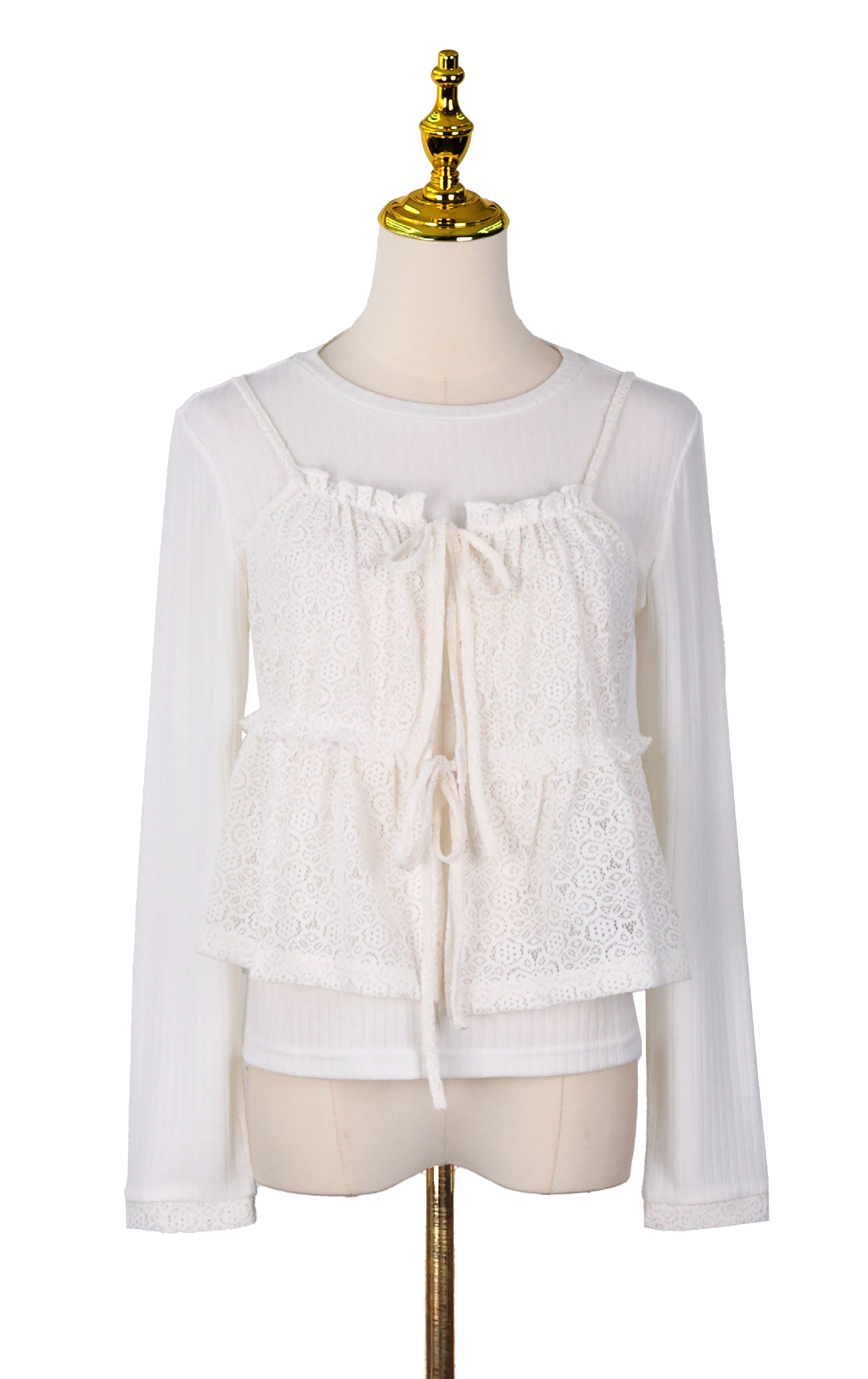 Tie-Front Lace Long Sleeve Overlay Top TS0233