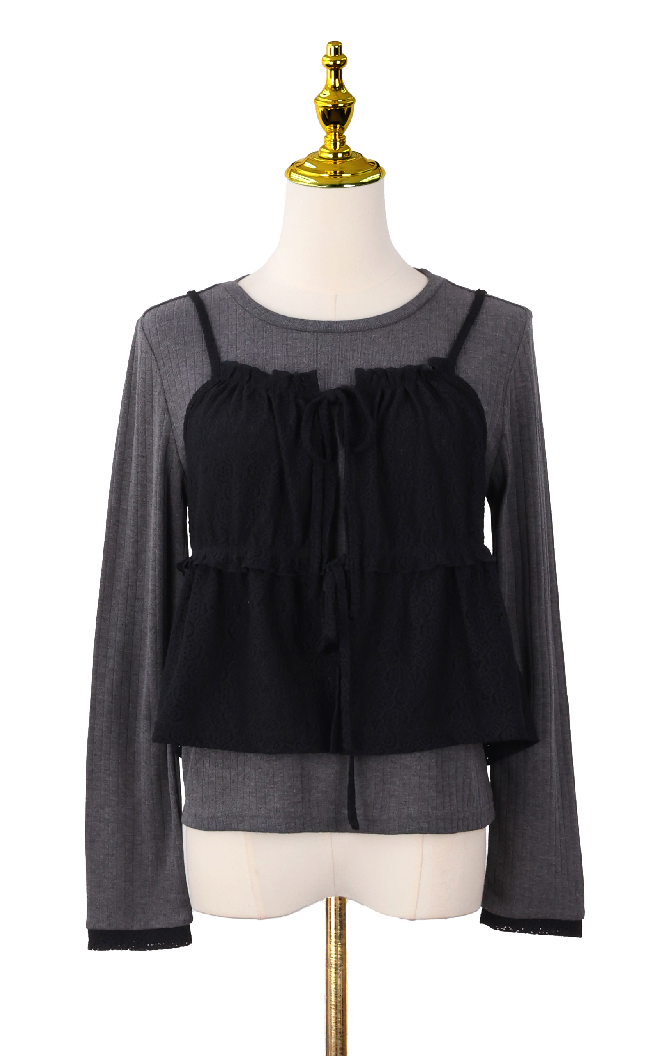 Tie-Front Lace Long Sleeve Overlay Top TS0233