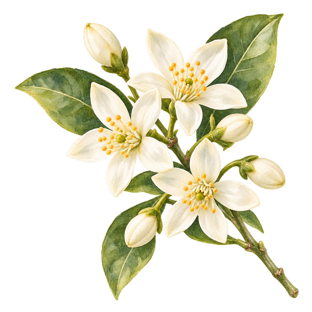 白色橙花與綠葉的水彩插畫