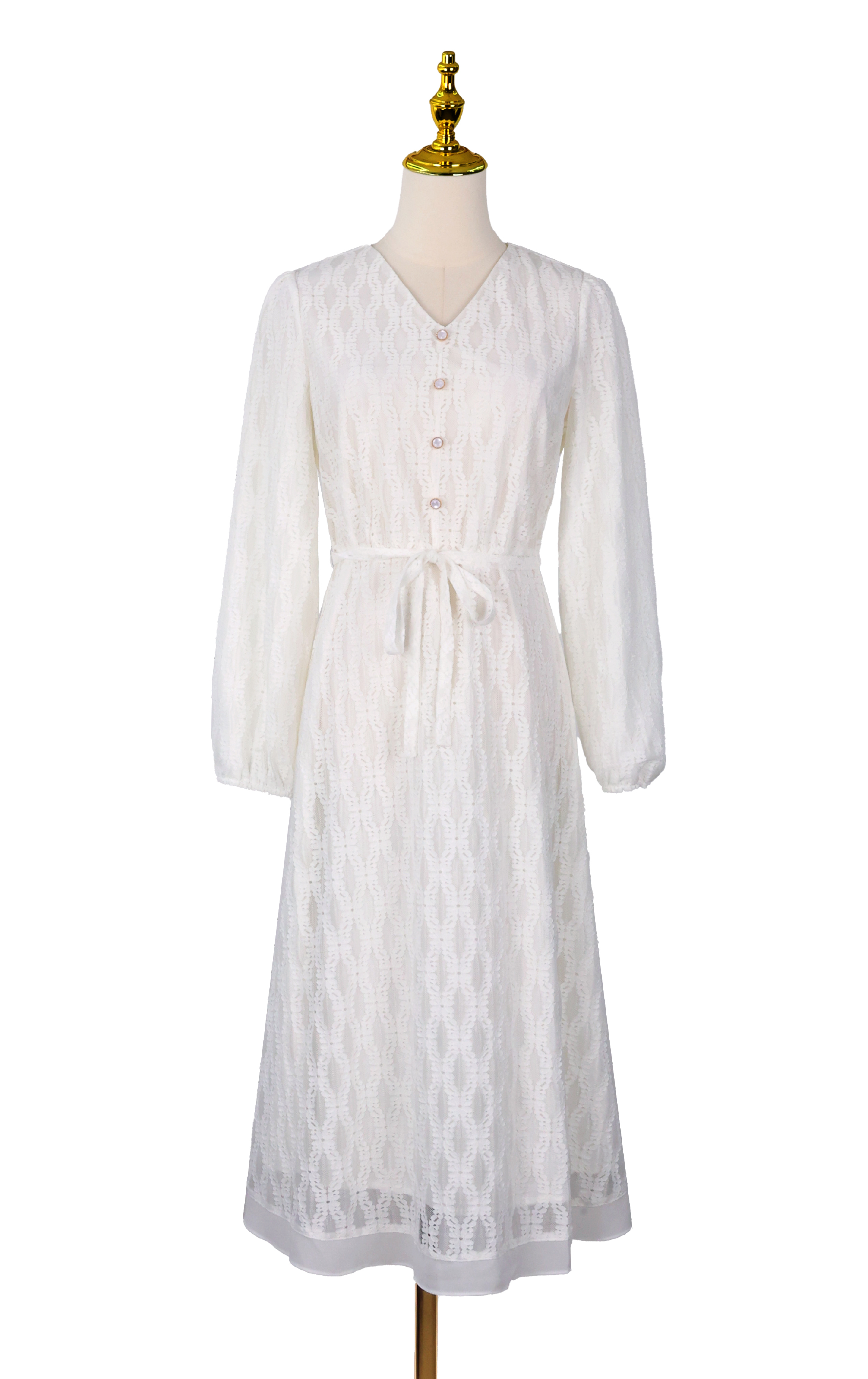 V-Neck Lace Dress with Waist Tie OP0710