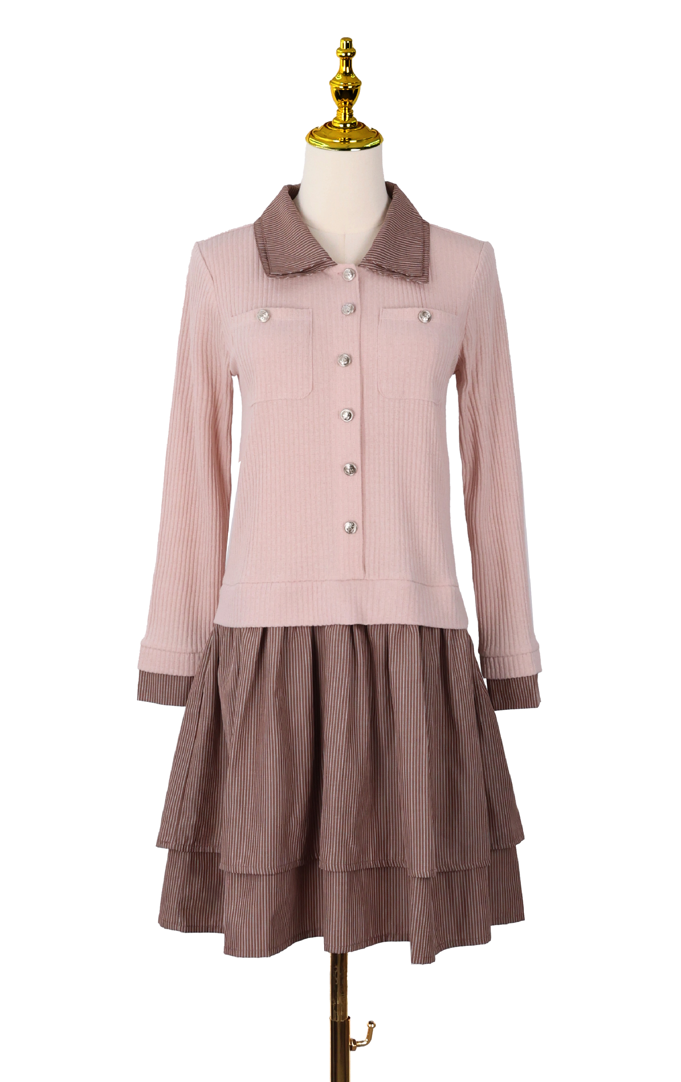 Striped Tiered Shirt Dress with Collar OP0713