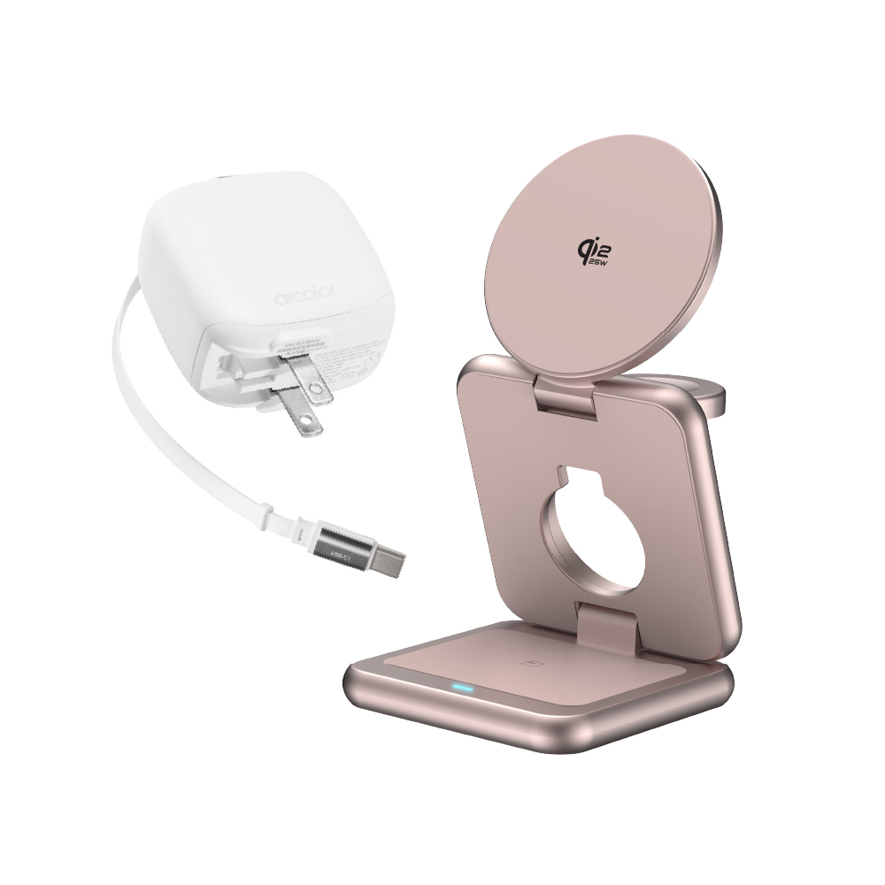 aircolor極速隨行旅充組 :  qi2.2 25W三合一摺疊磁吸無線充電座 + 65W氮化鎵GaN伸縮線極速電源供應器