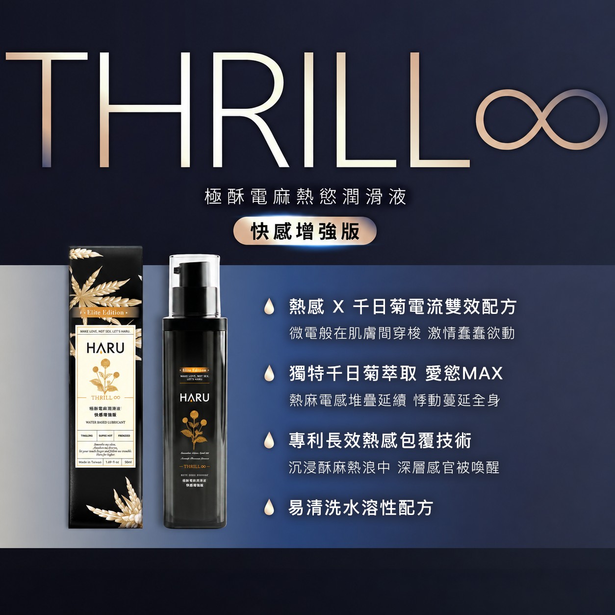 HARU THRILL ∞ 極酥電麻熱慾潤滑液 快感增強版香港現貨，展示四大核心特色與高質感黑色包裝，情侶實戰必備好物