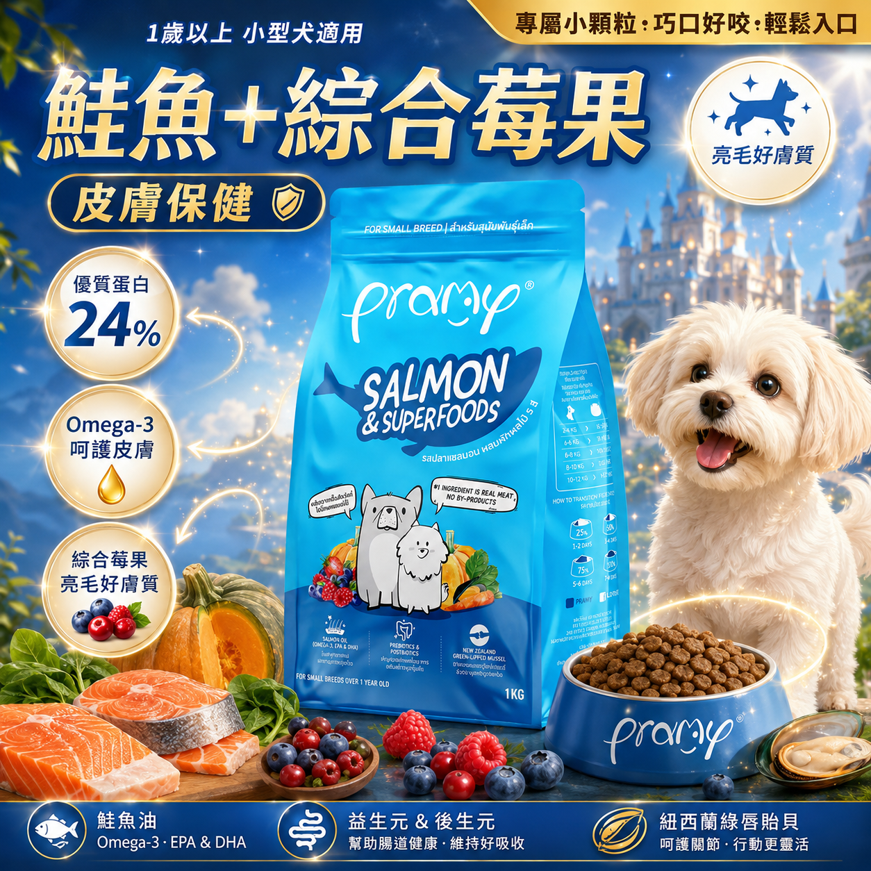 【Pramy沛米】全能配方-鮭魚+綜合莓果-皮膚(犬糧) 1kg