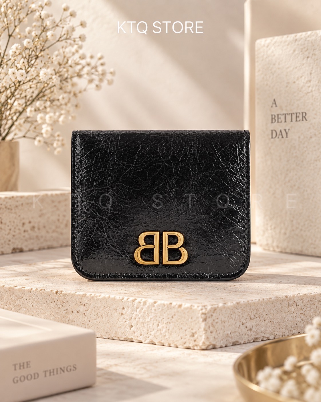 KTQ STORE ‧ BALENCIAGA 巴黎世家做舊金色 BB 徽標五金 Puffy Arena 小羊皮卡包 女款 黑色7654592AAXB1000