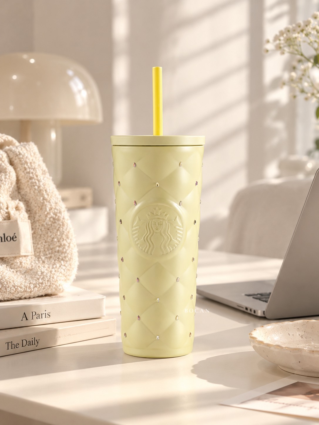 STARBUCKS 星巴克 奶黃色 滿鑽 雙蓋 不鏽鋼 保溫杯禮盒裝 帶掛鏈 黃色 590ML