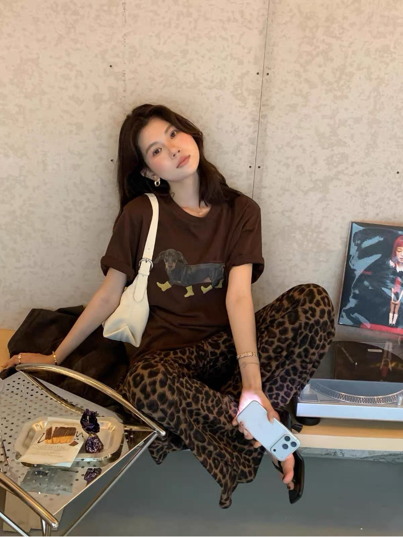 Leopard 復古豹紋垂墜寬褲 [ Free ]