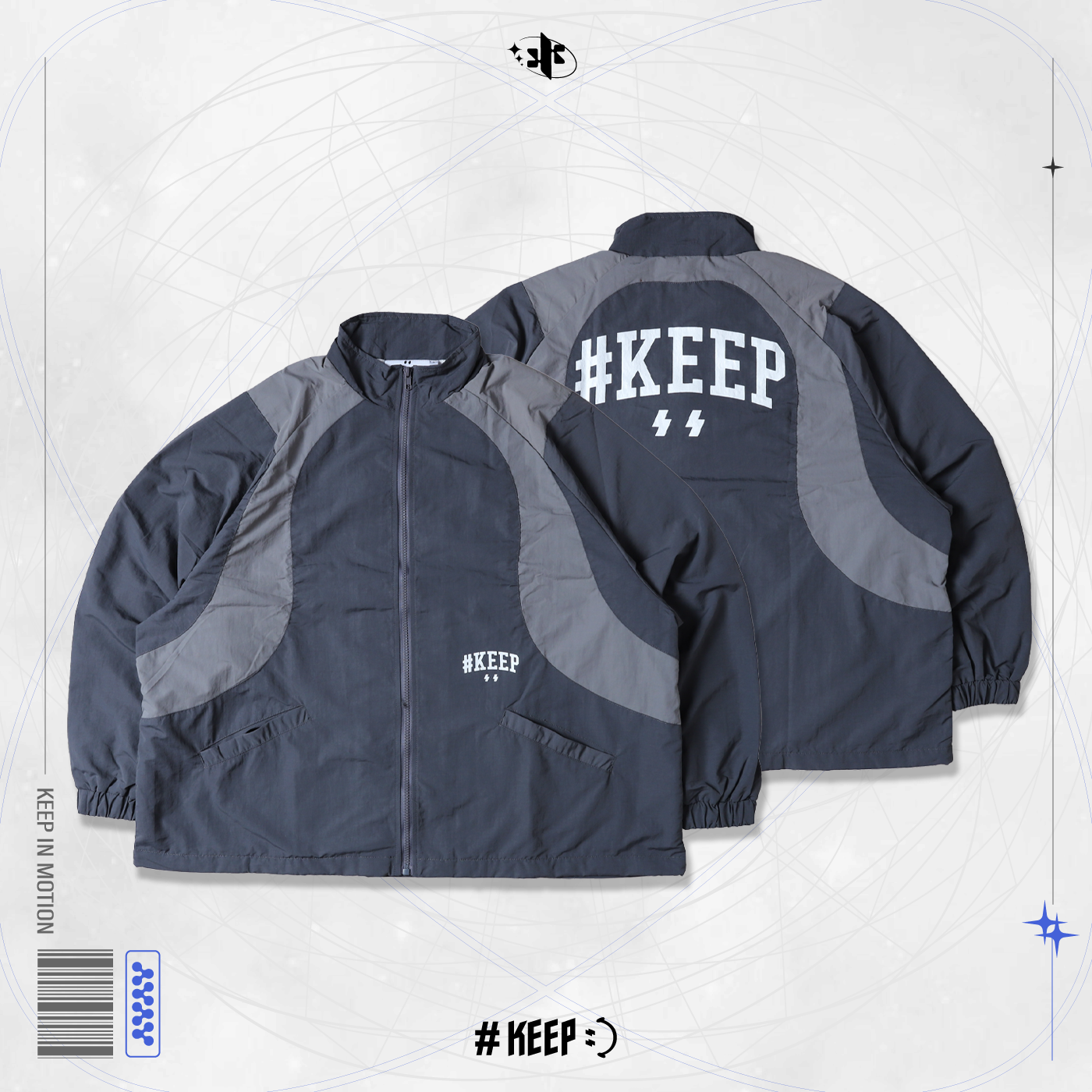 #KEEP GEOMETRIC PANELLED JACKET 星芒 幾何拼接 外套 黑色 灰色 閃電 網布內裡 運動 外套【KS372】