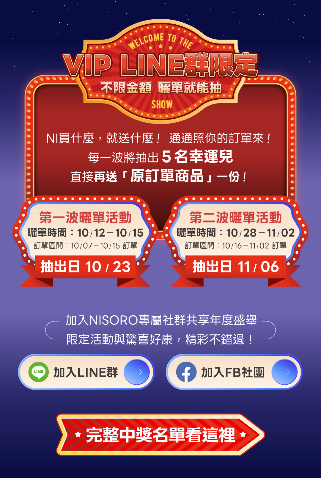 VIP LINE群限定，不限金額，曬單就能抽。每一波抽出5名幸運兒，贈送原訂單商品一份。第一波曬單10/12至10/15，訂單10/07至10/15，10/23抽出；第二波曬單10/28至11/02，訂單10/16至11/02，11/06抽出。