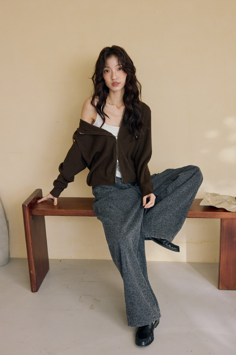 腰抽繩壓摺豹紋寬褲