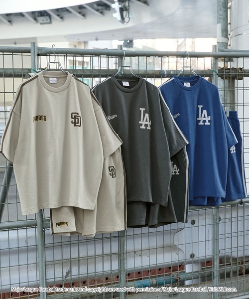 MLB 刺繡徽章線條短袖+短褲套裝 6色