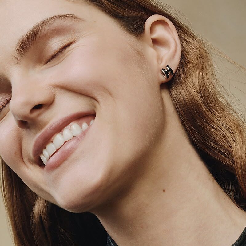 Brand  New Hermes  Mini Pop H earrings 黑x銀 #愛馬仕耳環