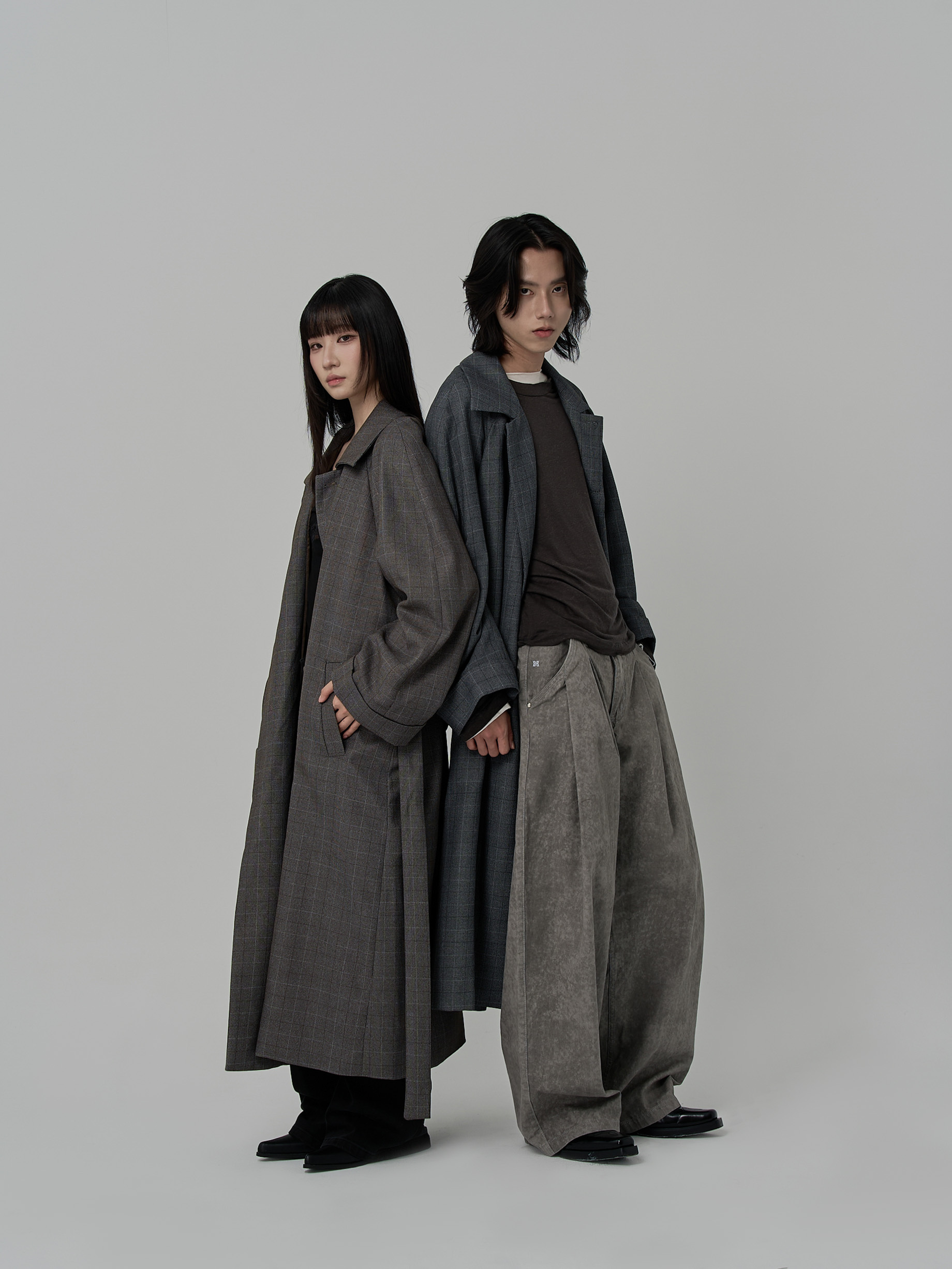 井字細紋格長版大衣(2色)