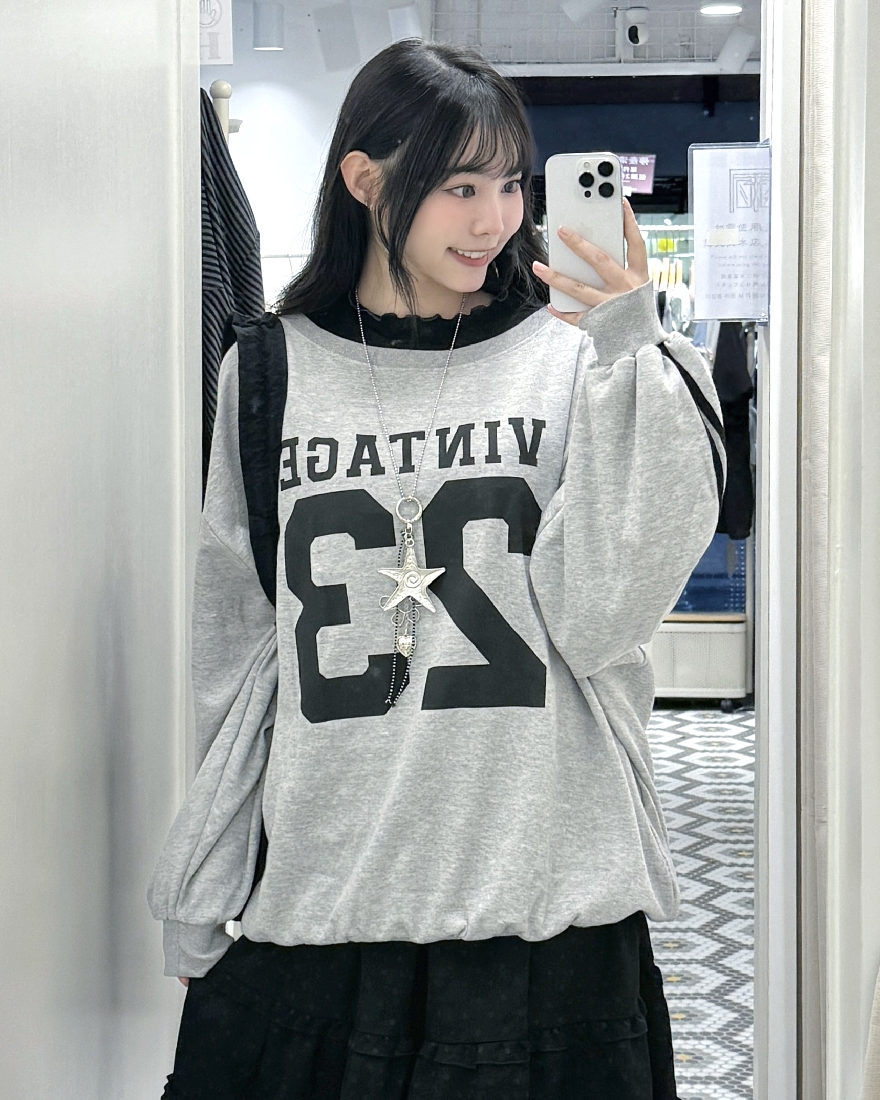 H0448｜休閑感大圓領可跌膊VINTAGE 23線條超寬鬆衛衣²3