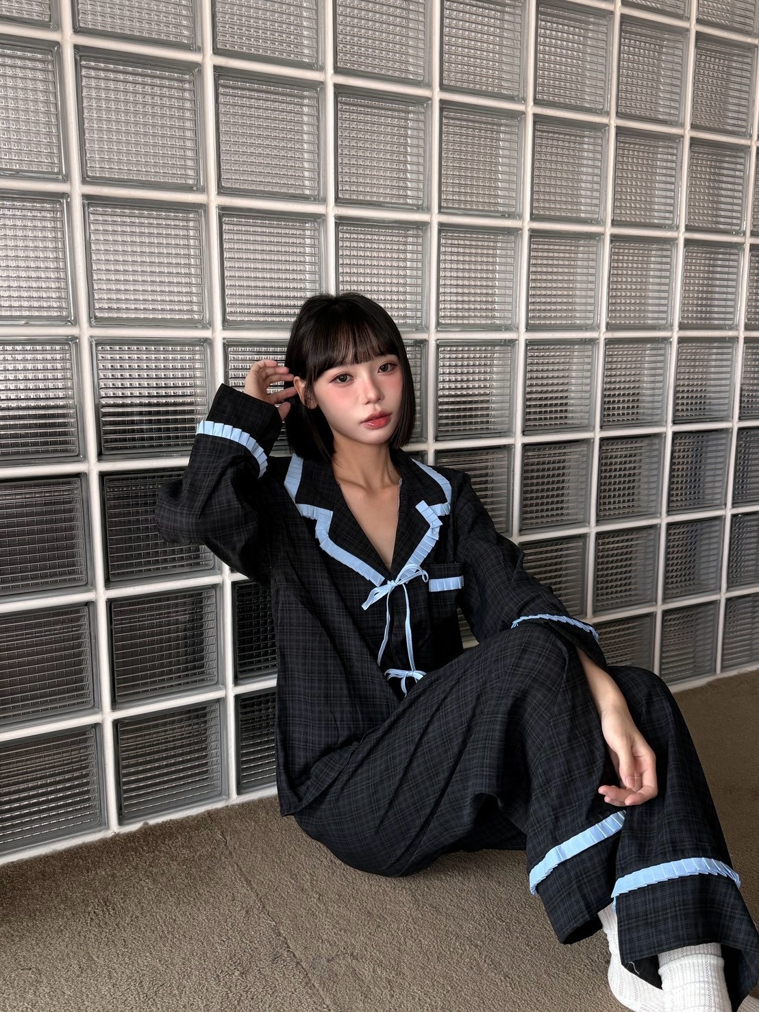 韓女的居家氛圍感 菱格紋撞色蝴蝶結睡衣套裝 藍色