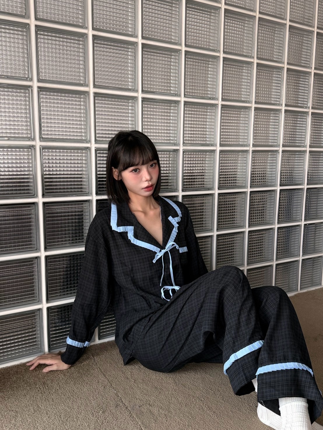 韓女的居家氛圍感 菱格紋撞色蝴蝶結睡衣套裝 藍色