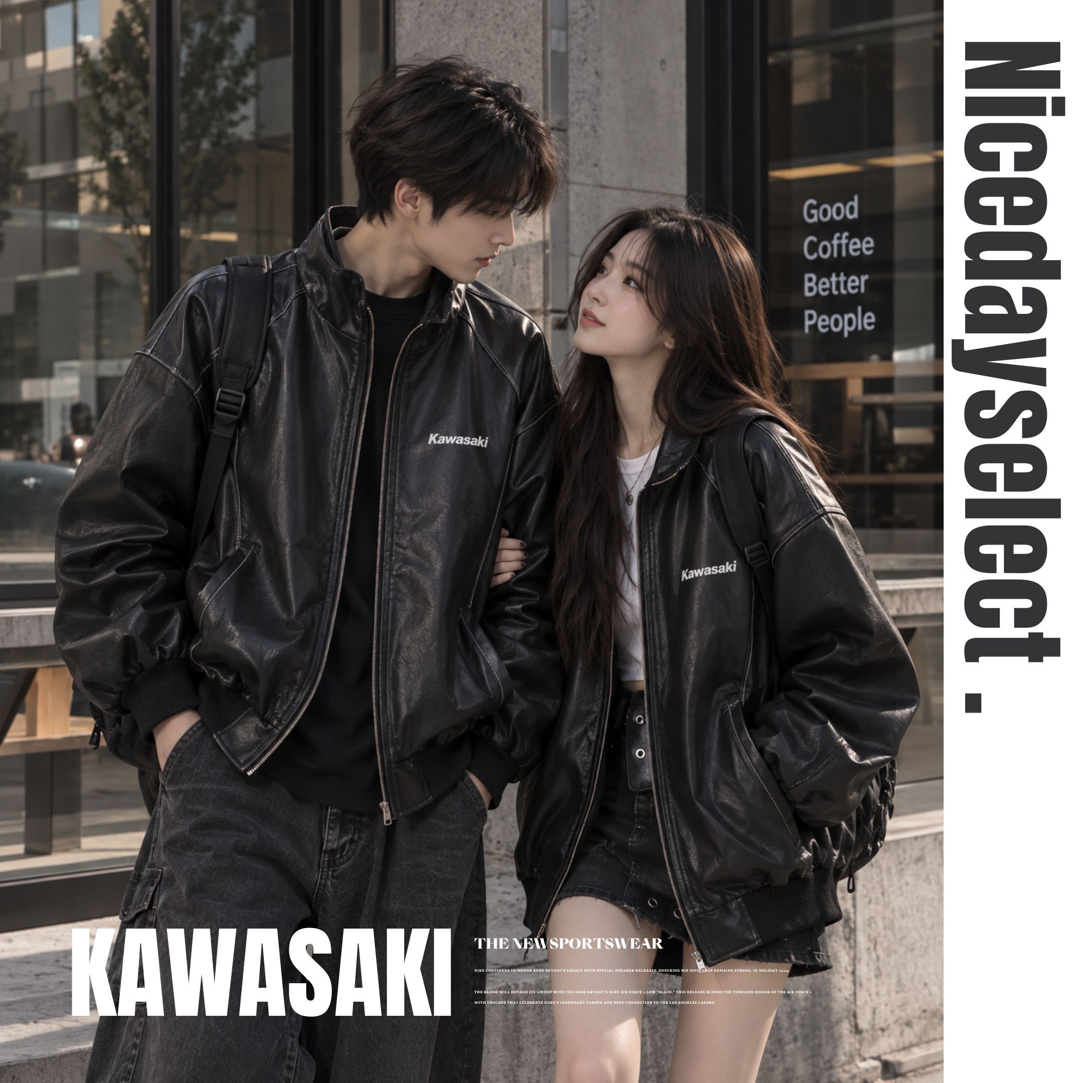 NICEDAY 服飾 代購 Kawasaki 川崎 皮衣 黑 白 復古 風衣 外套 單穿 穿搭 秋冬 CQ/SX-JK015-YT