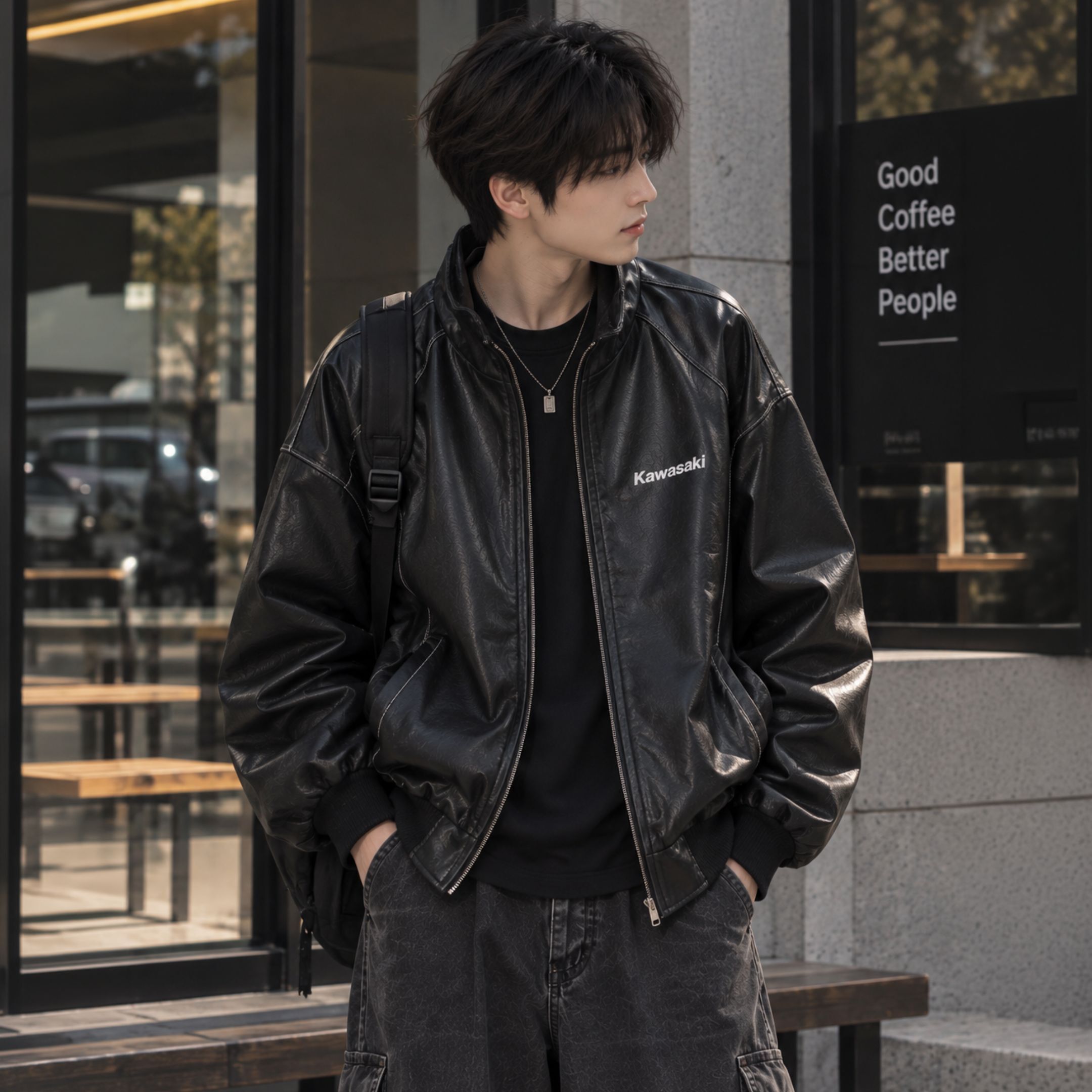 NICEDAY 服飾 代購 Kawasaki 川崎 皮衣 黑 白 復古 風衣 外套 單穿 穿搭 秋冬 CQ/SX-JK015-YT