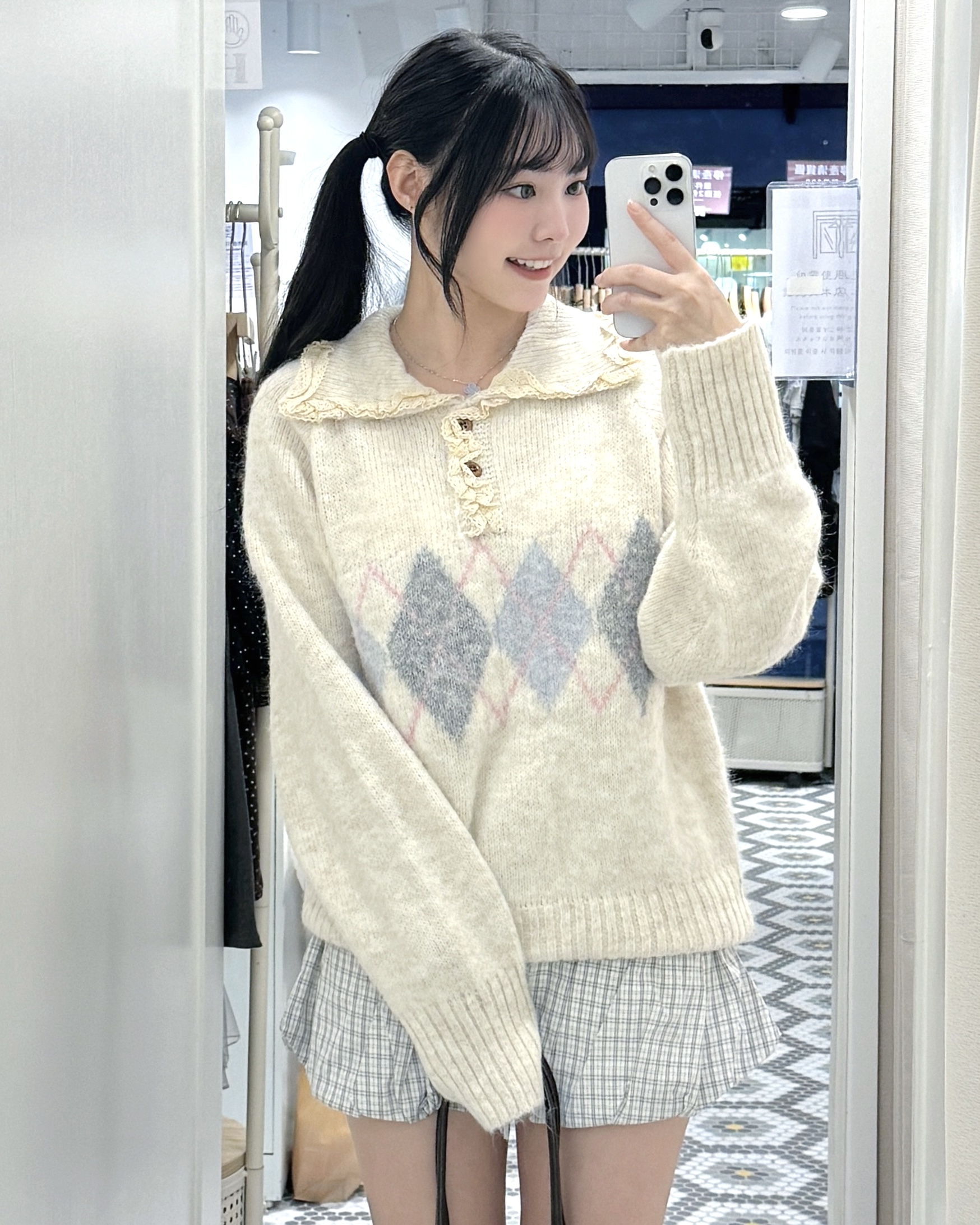 K0505｜雲耳花邊木鈕反領菱格撞紋針織毛衣🍰♡ ༘*.