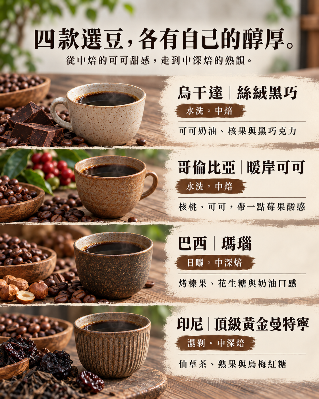 不酸四入選豆組｜4款中焙・中深焙咖啡豆｜227g × 4