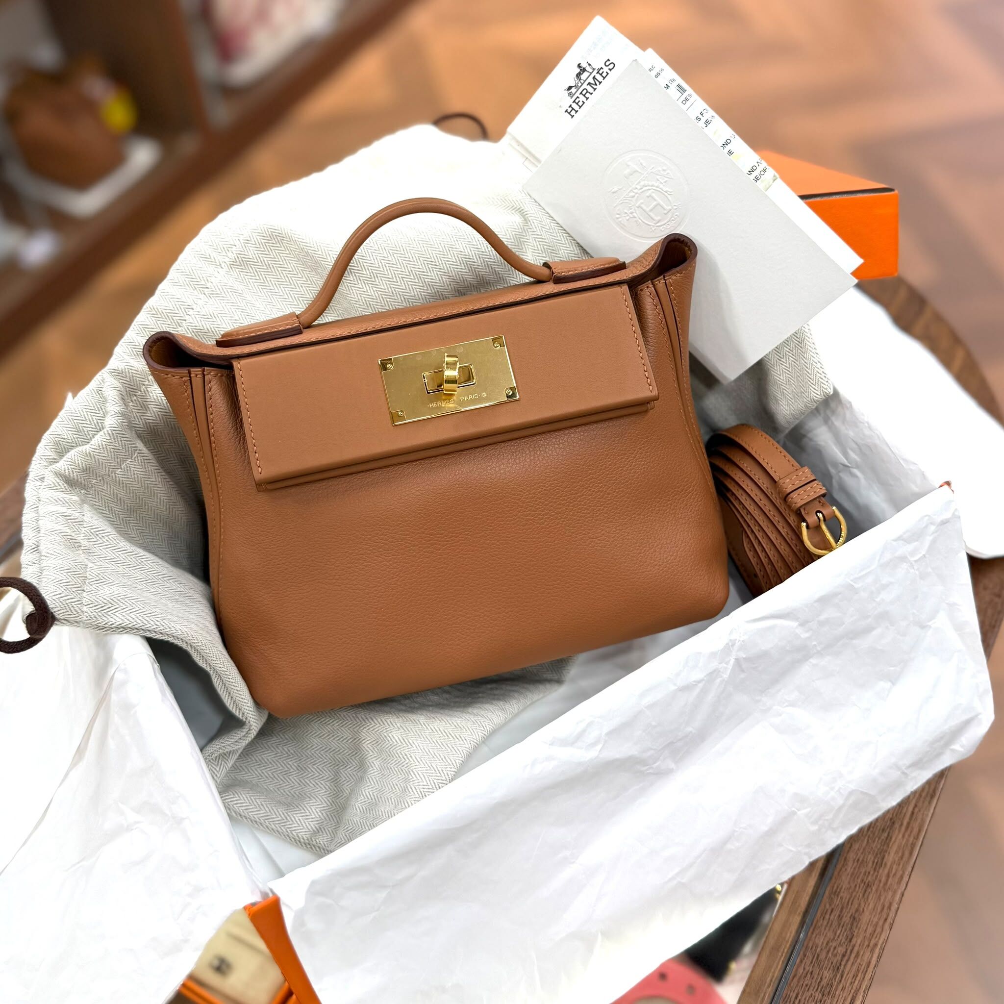 BRAND NEW HERMES 2424 21 MINI GOLD GHW EVERCOLOR皮 ,STAMP W #愛馬仕