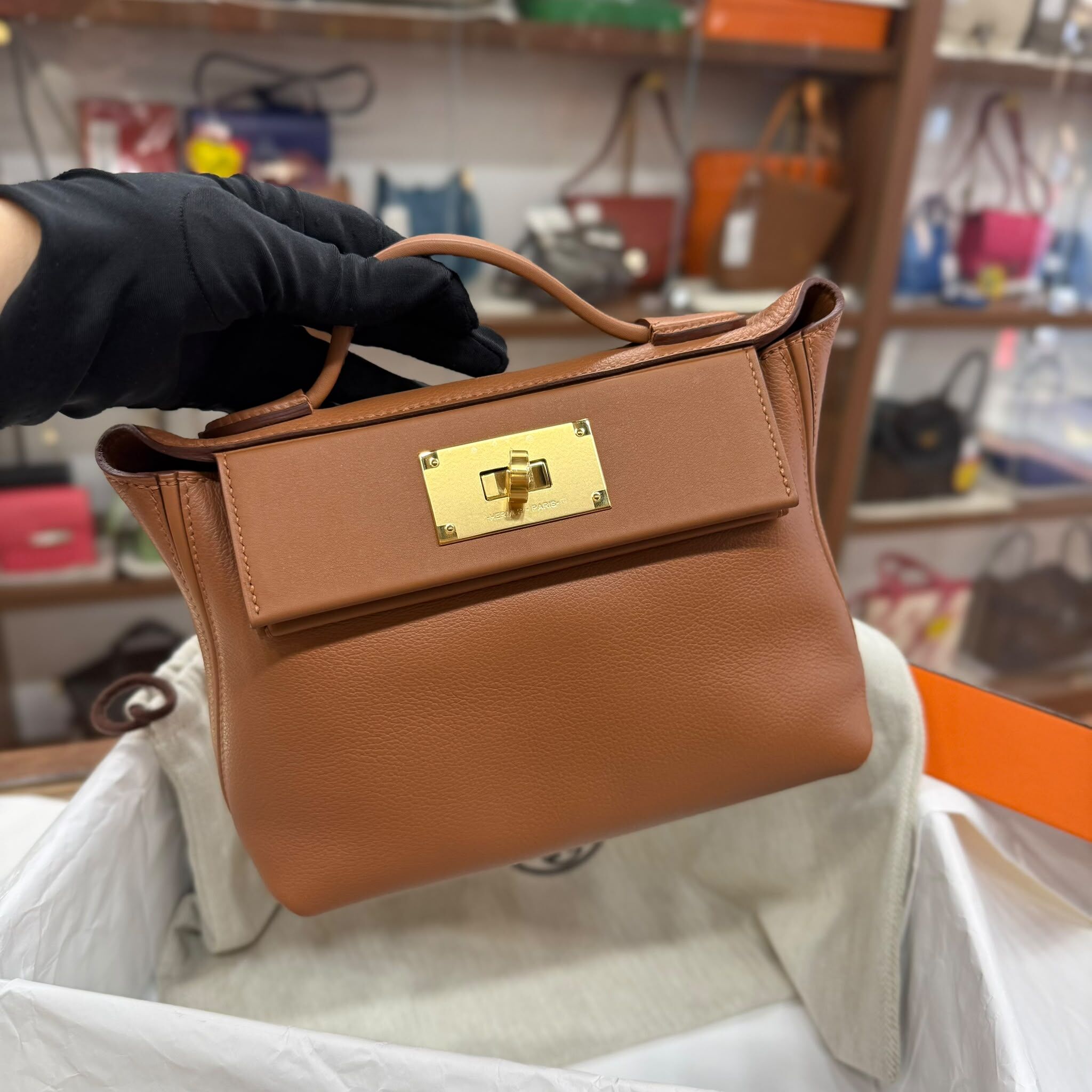 BRAND NEW HERMES 2424 21 MINI GOLD GHW EVERCOLOR皮 ,STAMP W #愛馬仕