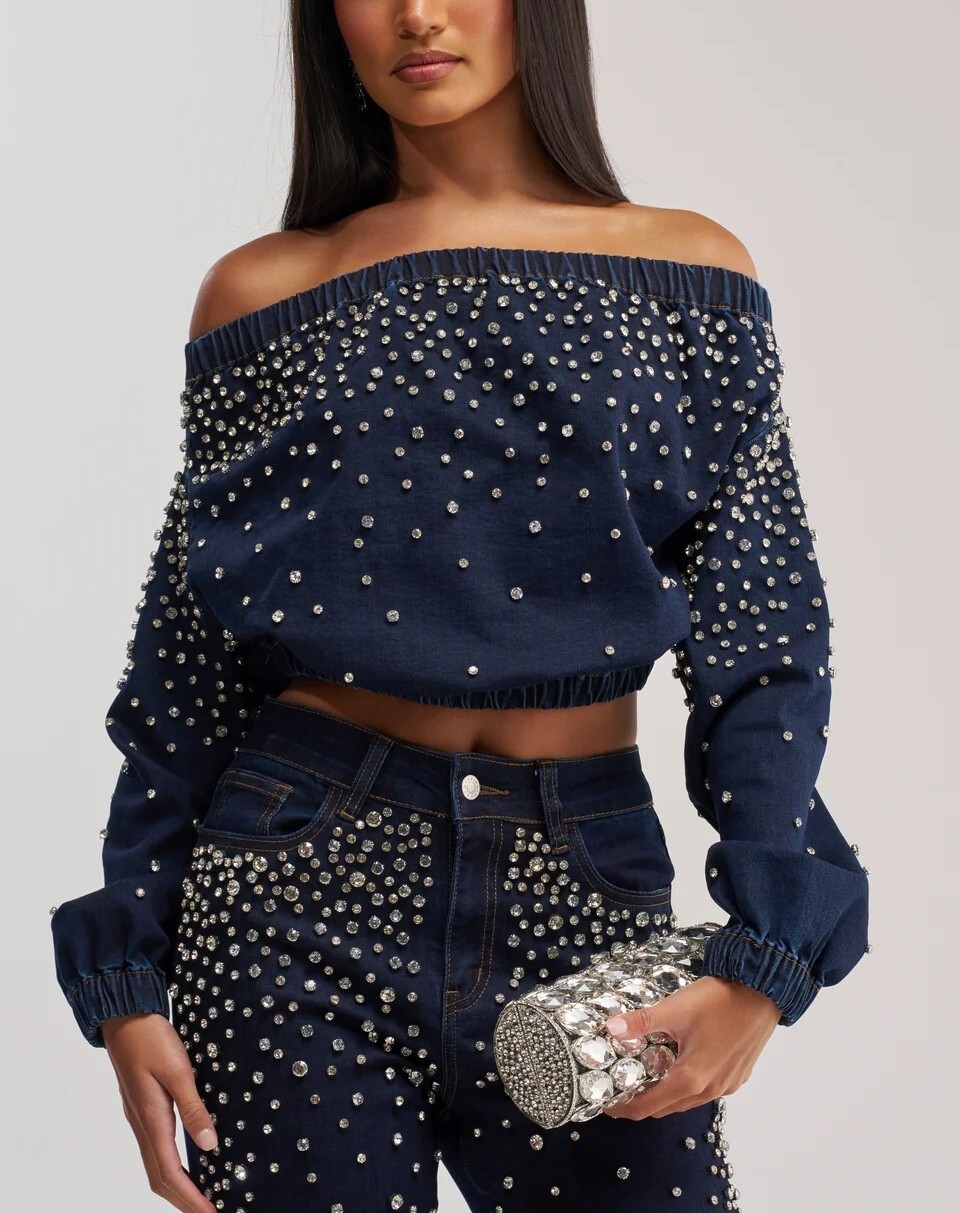 Glam Denim鑽飾露肩牛仔Sweatshirt上衣