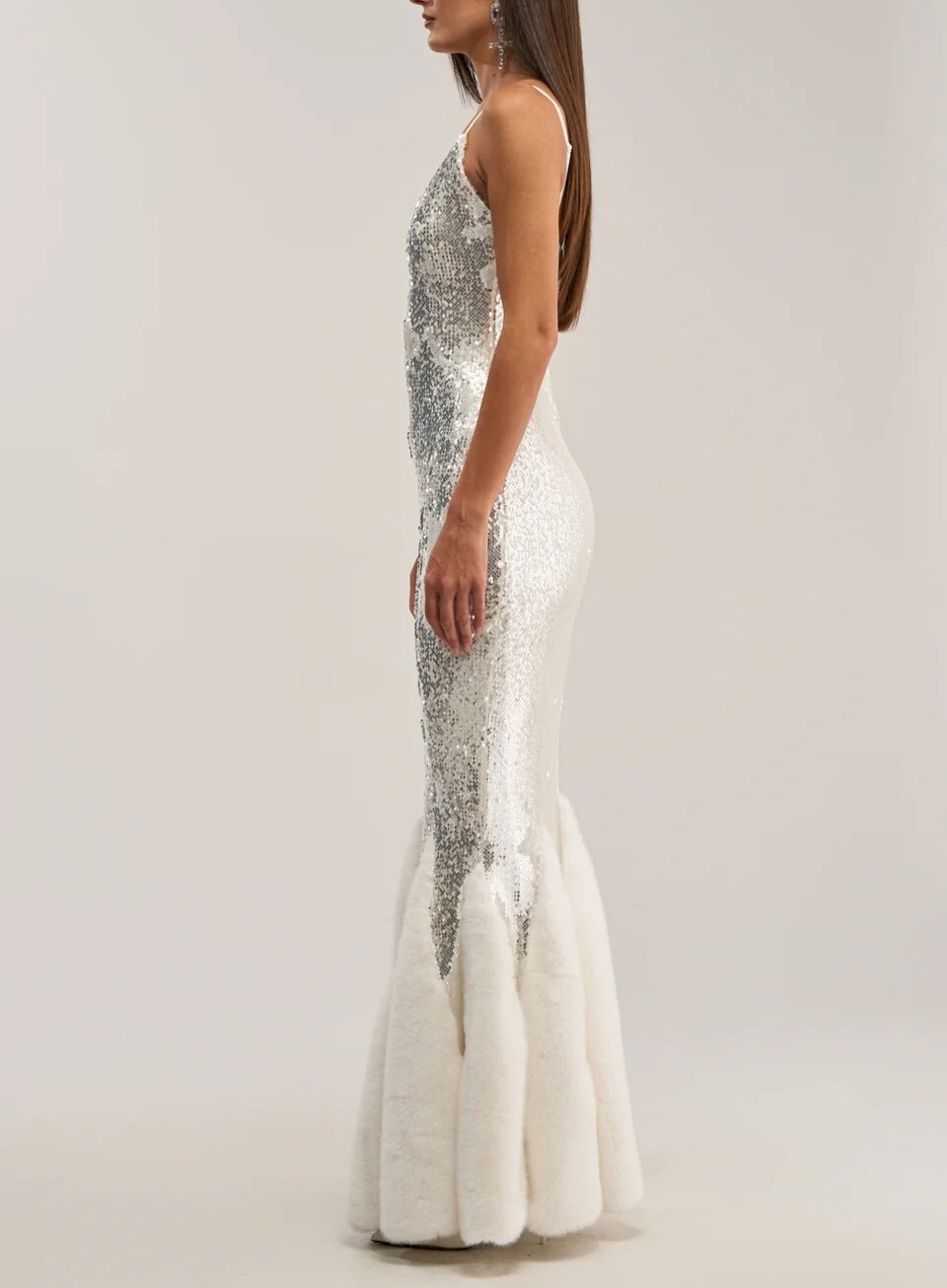 Lux Party銀色亮片雪白毛毛人魚Maxi Dress