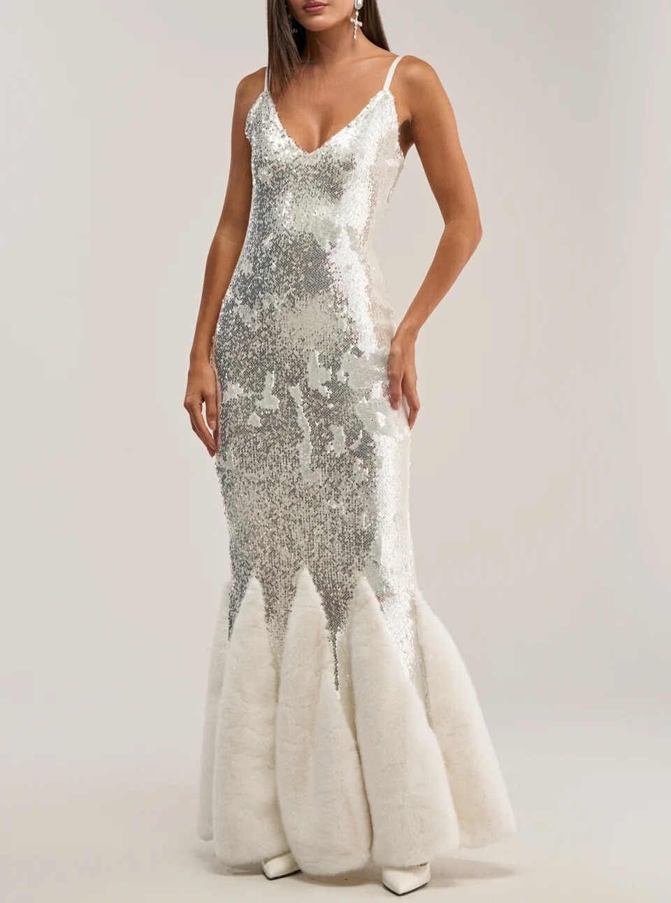 Lux Party銀色亮片雪白毛毛人魚Maxi Dress
