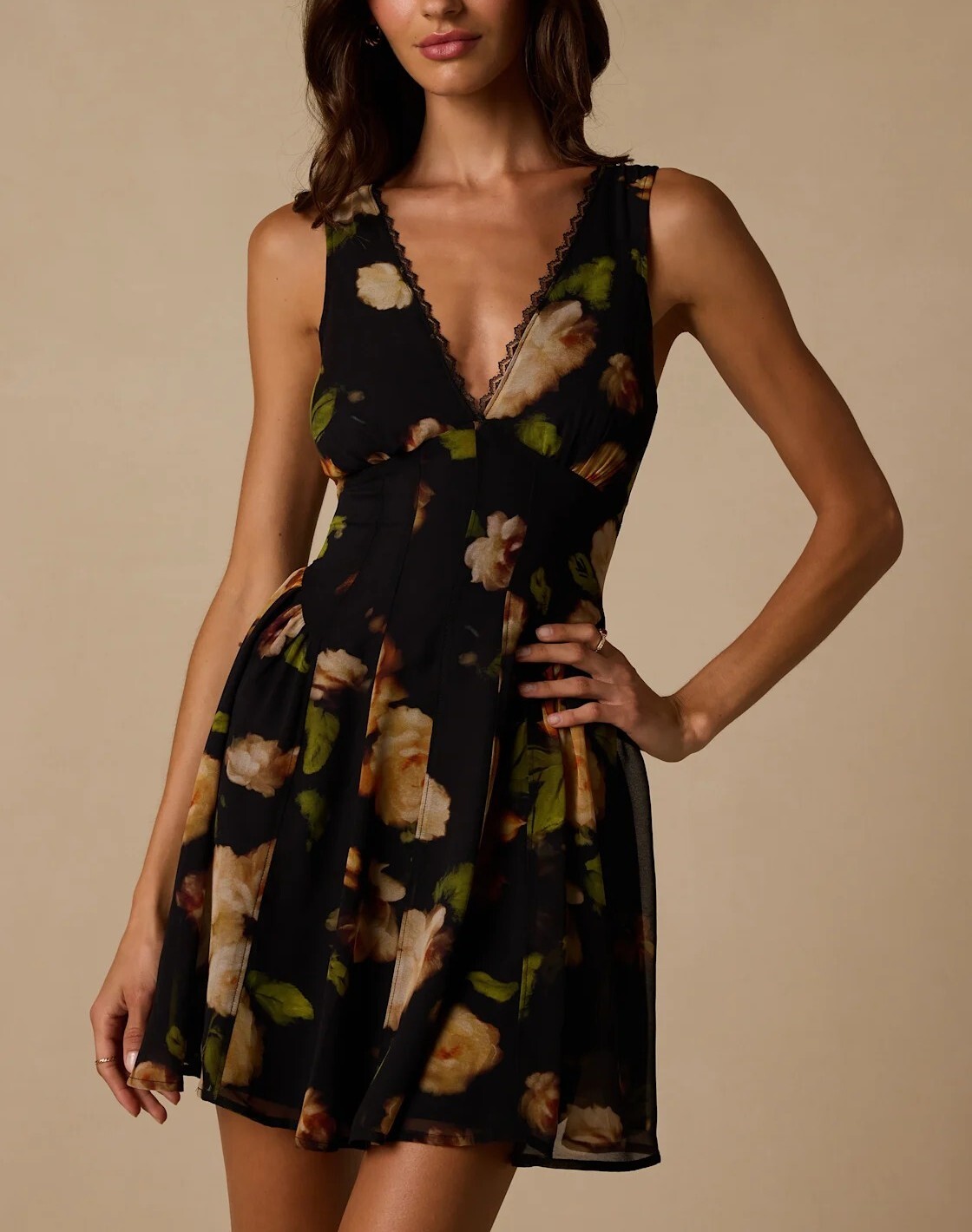 Autumn Floral黑色印花蕾絲花邊Mini Dress