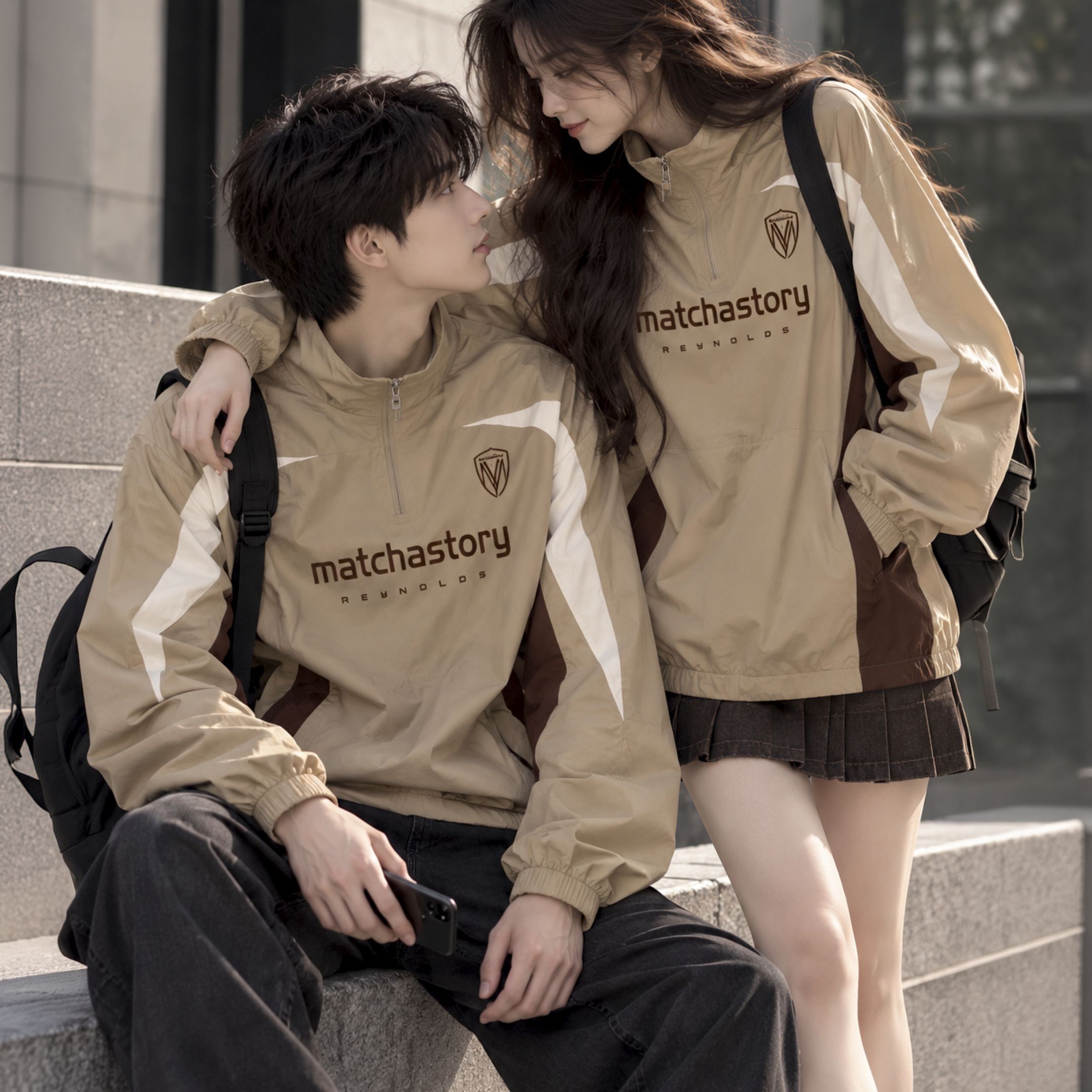 NICEDAY 服飾 代購 MATCHA STORY 秋冬 黑 卡其 紅 長袖 防風 尼龍 大學T 半開襟 夾克 M59861860